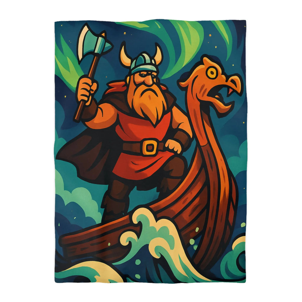 Housse de couette illustrée avec guerrier viking sur drakkar et aurores boréales