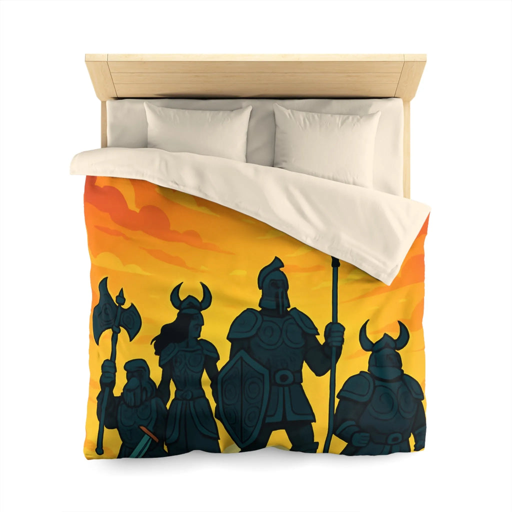 Housse de couette épique avec guerriers sous ciel flamboyant pour décoration médiévale