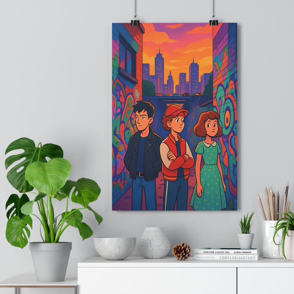 Poster décoratif urbain dynamique moderne coloré orange violet salon chambre art graffiti personnages qualité