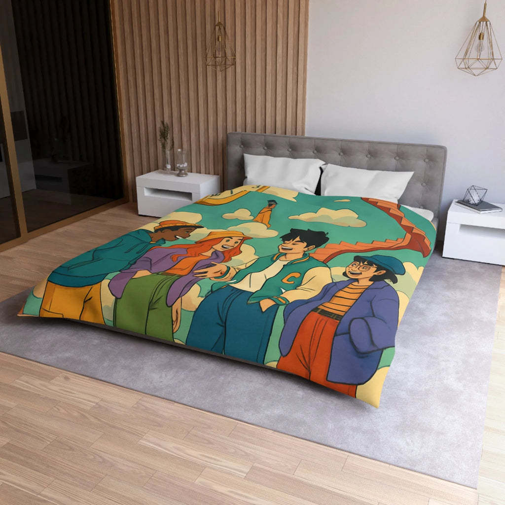 Housse de couette jeune amis rient sous escalier nuages horloge ciel bleu