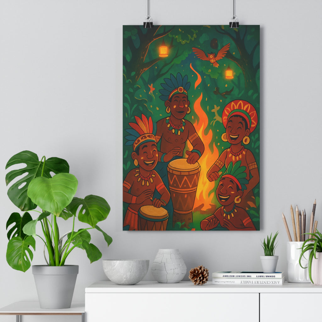Poster décoratif ethnique vert orange rouge salon mystique joyeux tambours feu artistique ambiance chaleureuse