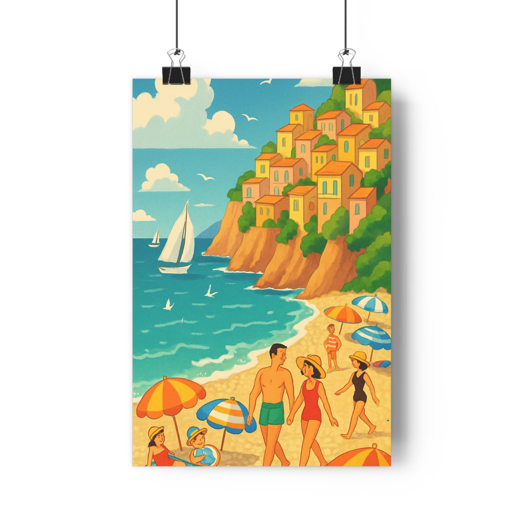 Poster décoratif aquarelle animé bleu vert orange joyeux salon chambre plage vacances méditerranéenne paysage