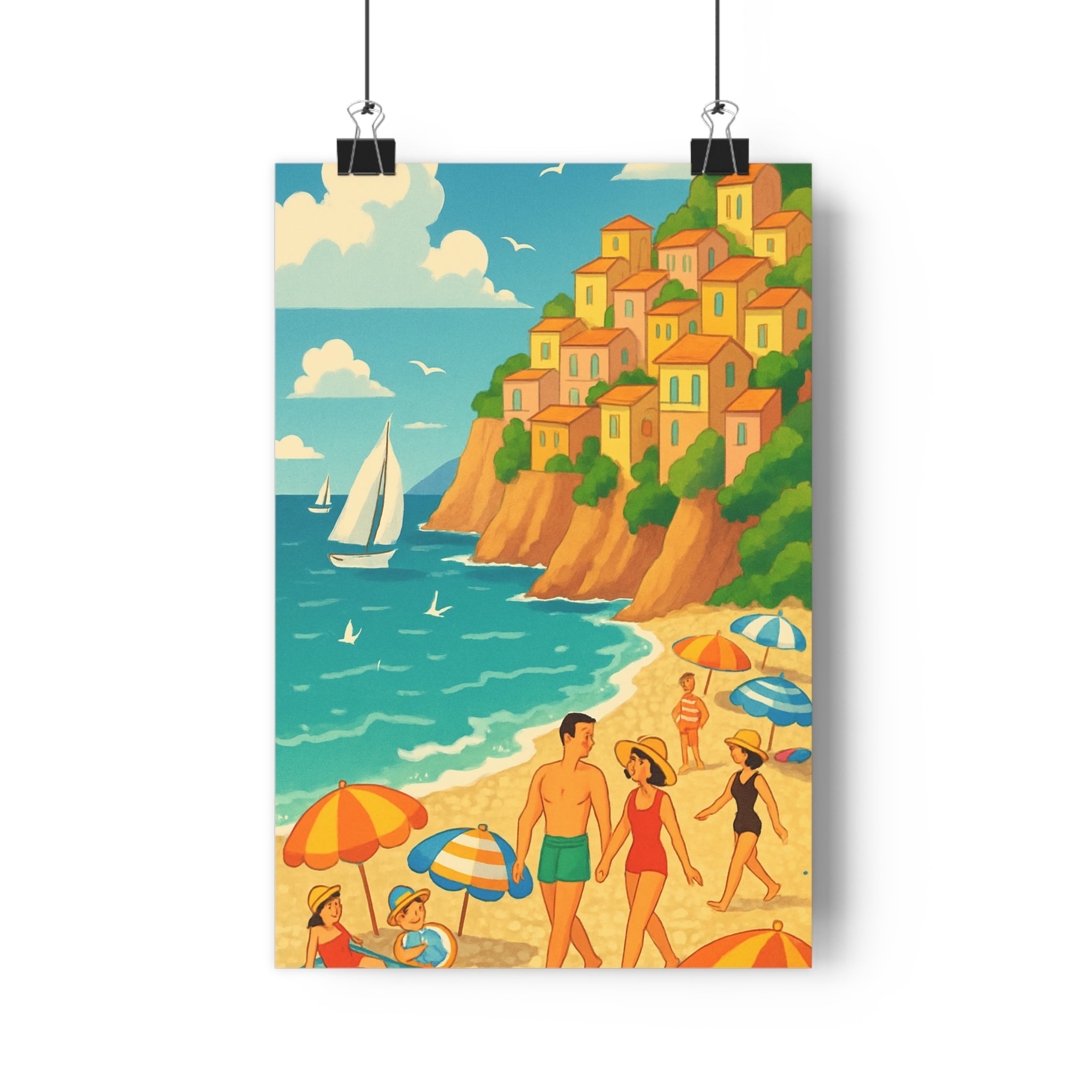 Poster décoratif aquarelle animé bleu vert orange joyeux salon chambre plage vacances méditerranéenne paysage