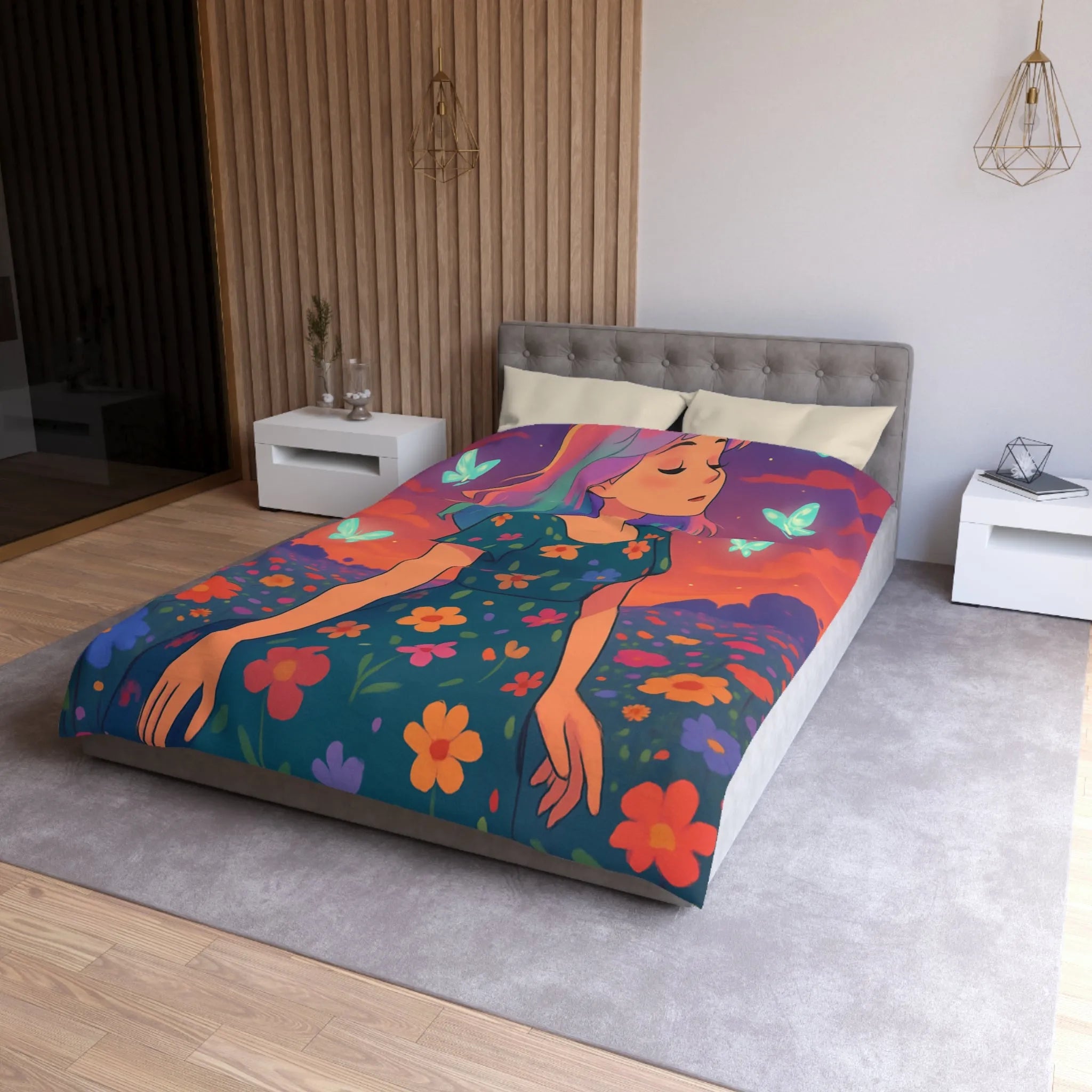 Housse de couette artistique avec fille et papillons dans champ fleuri vibrant