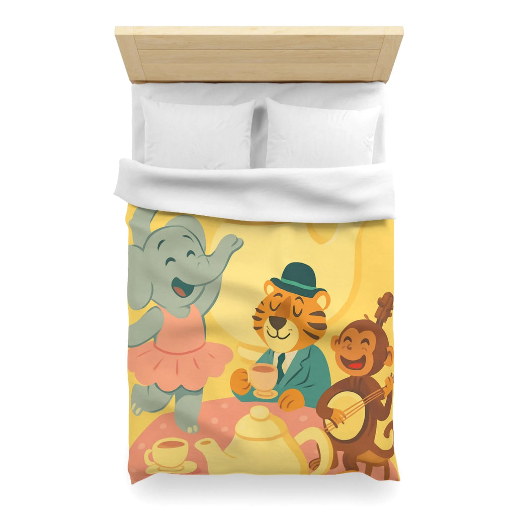 Housse de couette enfantine colorée avec éléphant, tigre et singe en fête joyeuse