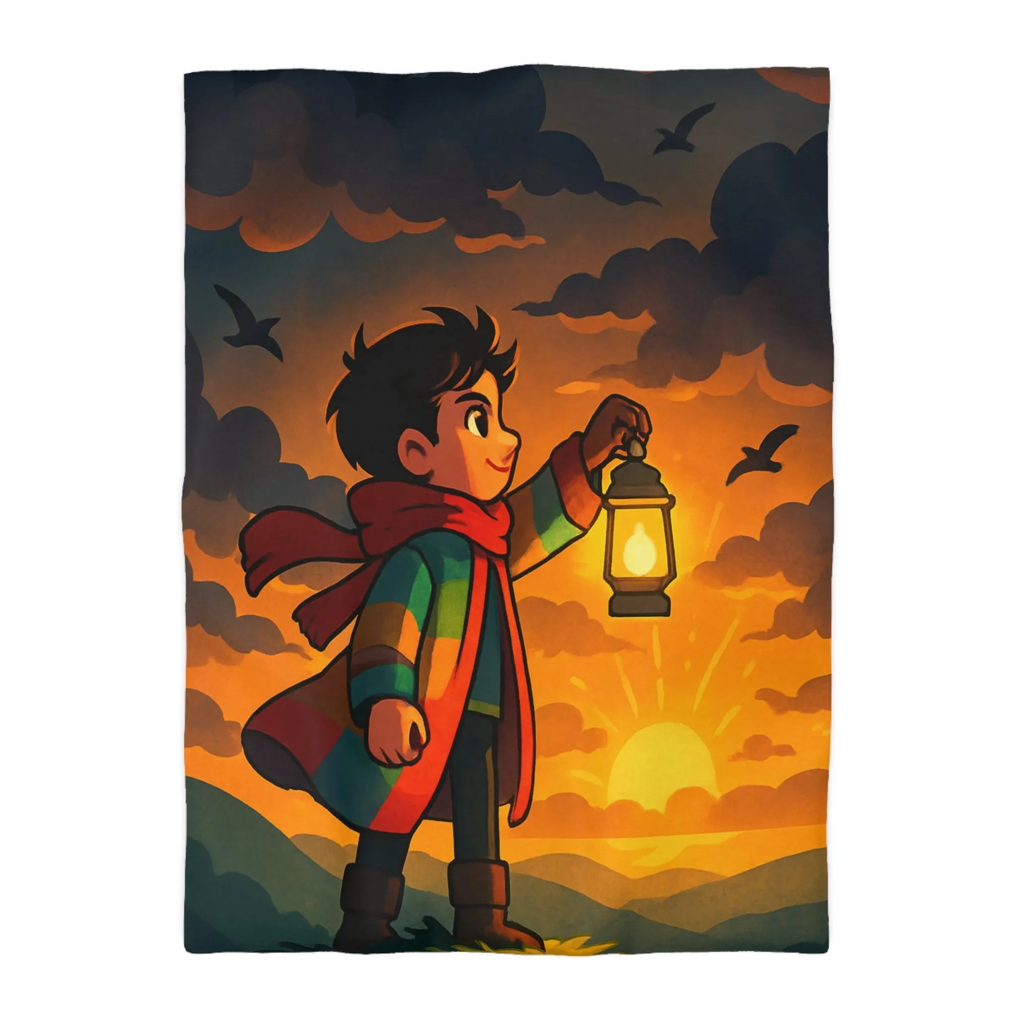 Housse de couette avec illustration enfantine colorée : garçon, lanterne, ciel dramatique