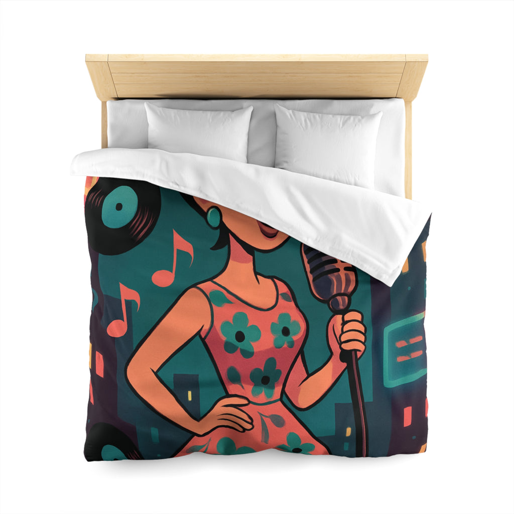 Housse de Couette Vintage Femme en Robe à Fleurs Chante Microphone Musique.