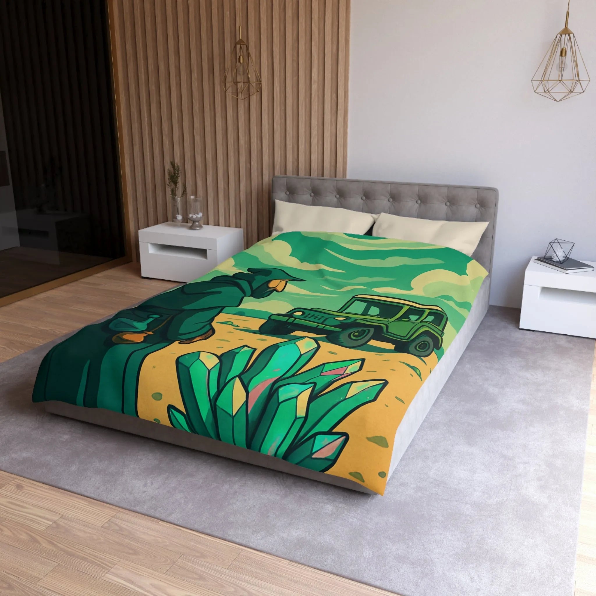 Housse de couette illustrée avec paysage surnaturel, grotte colorée et véhicule tout-terrain