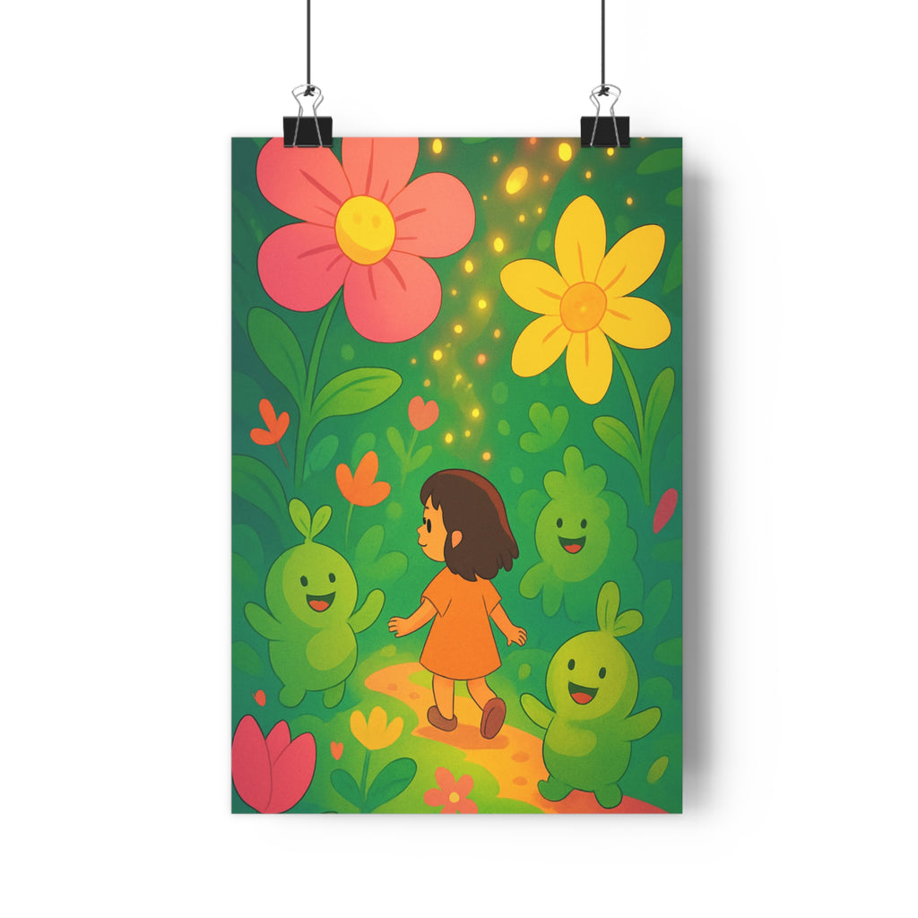 Poster décoratif vibrant jardin enchanté fillette orange créatures vertes fleurs jaune féerique joyeux chambre