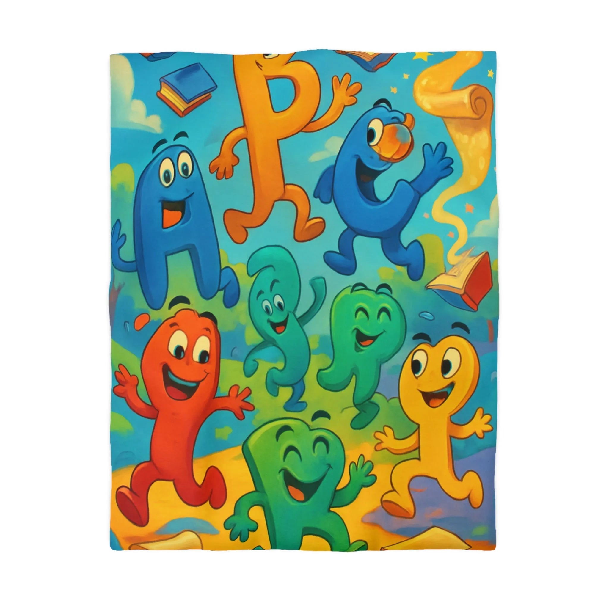 Housse de couette colorée avec lettres animées dans un paysage ludique et éducatif