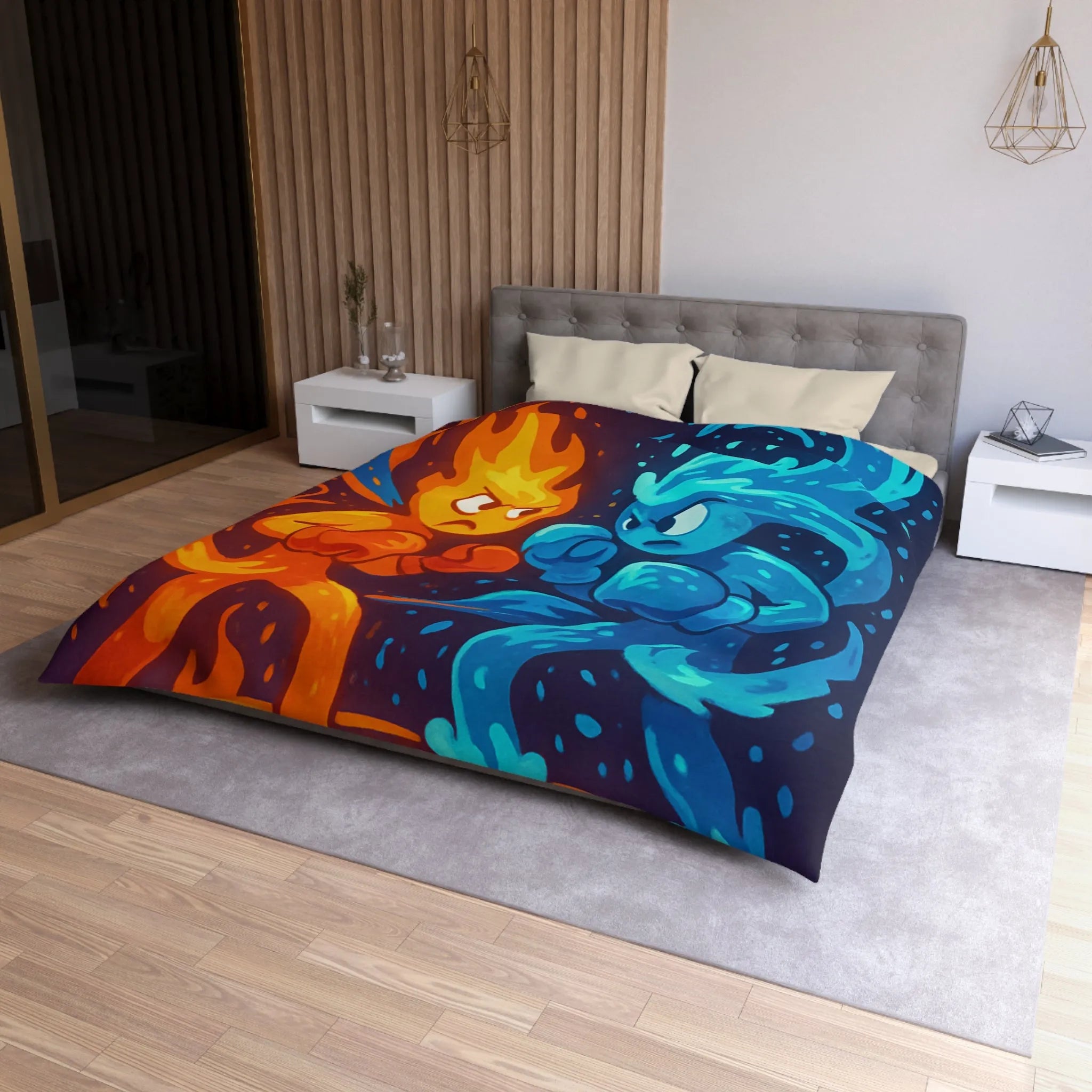 Housse de couette avec illustration dynamique de feu et eau s'affrontant