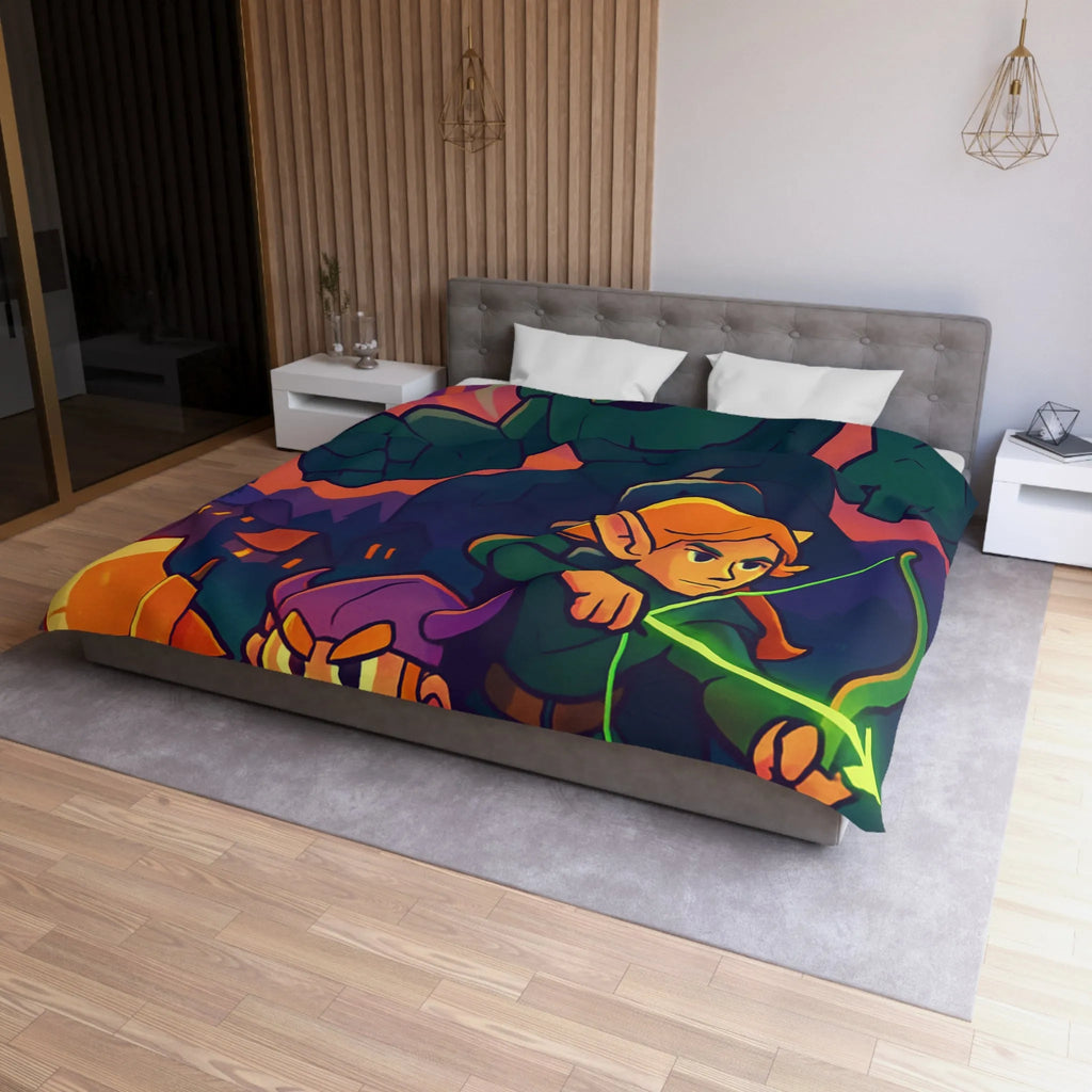 Housse de Couette Fantastique avec Guerrier, Archer et Golem sous Aurores Boréales Éclatantes