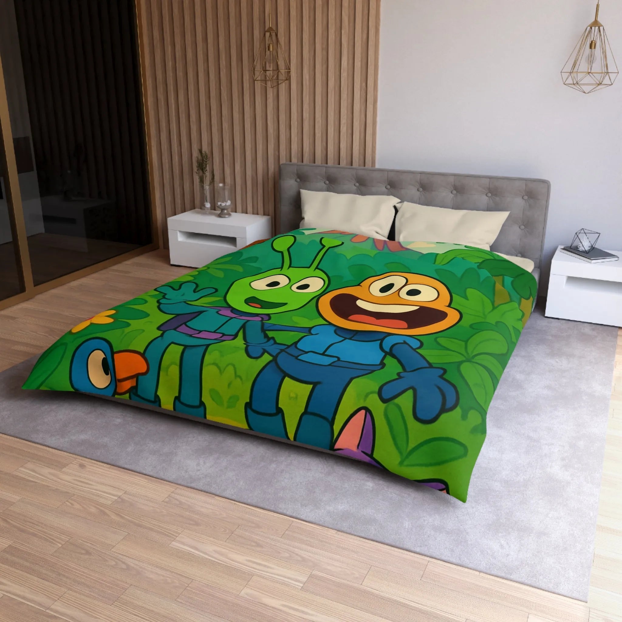 Housse de couette colorée avec animaux et extraterrestres dans une jungle animée