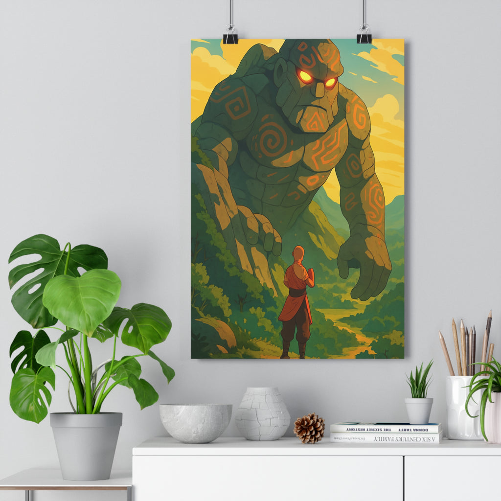 Poster décoratif mystique anime géant pierre spirales lumineux chaud vibrant chambre bureau ambiance qualité