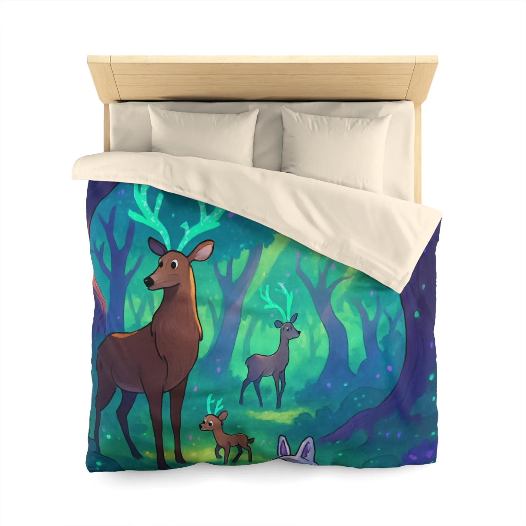 Housse de Couette Forêt Enchantée avec Cerfs Luminescents et Renard Magique Pour Enfants
