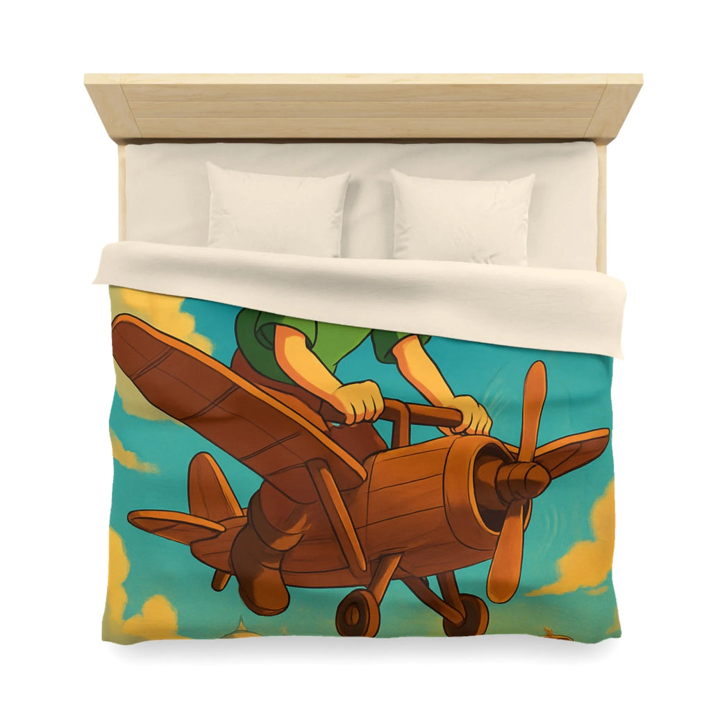 Aventure enfantine avec avion en bois survolant palais nuageux au coucher du soleil