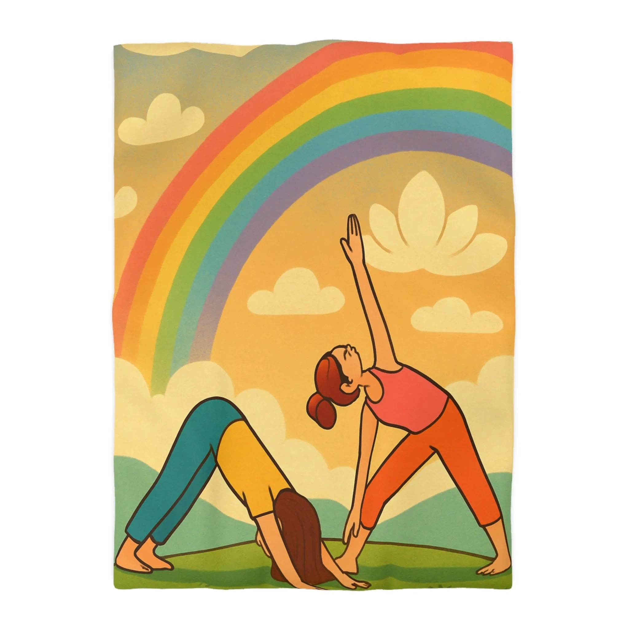 Housse De Couette Enfant Avec Arc-en-Ciel Coloré Et Personnages Pratiquant Le Yoga Énergique