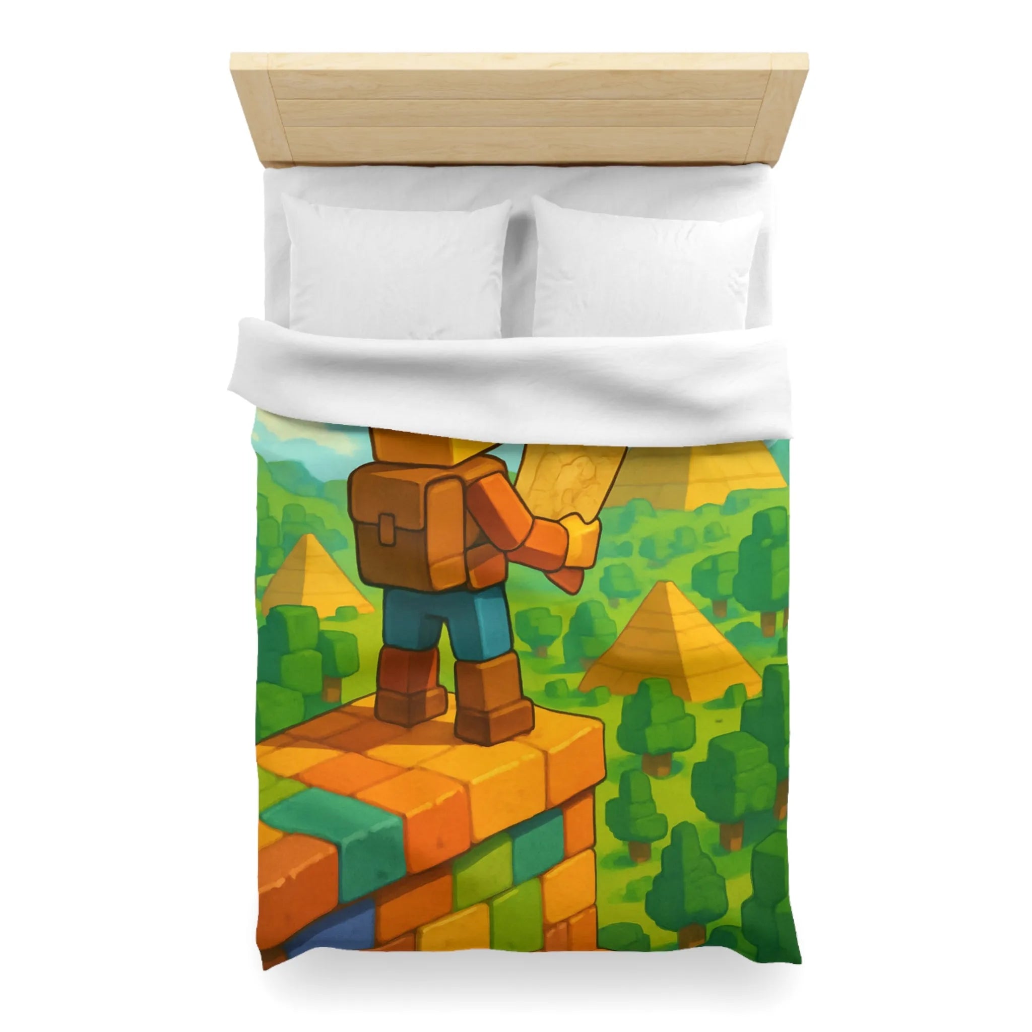 Housse de Couette Ludique Aventure Pixelisée Explorateur Carte Forêt Pyramide Enfant