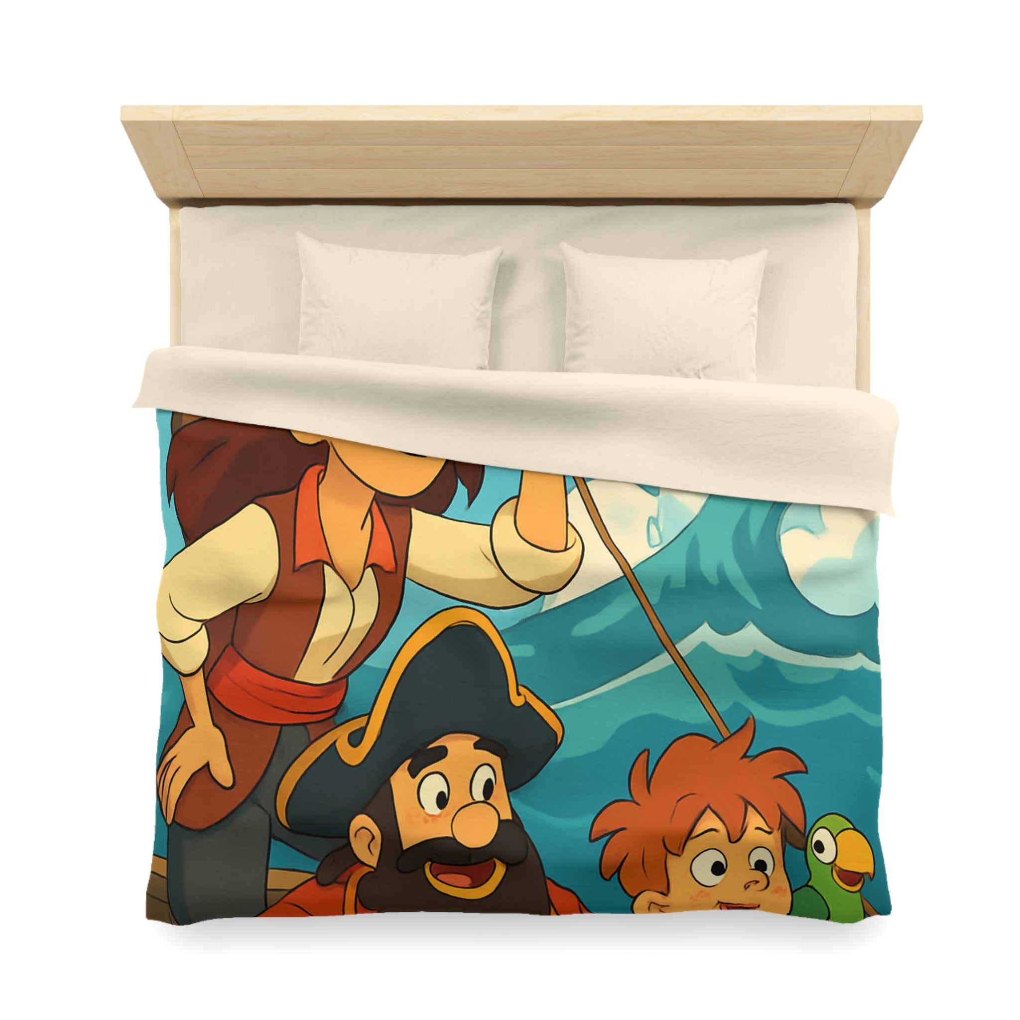 Housse de couette pirate avec poisson doré et personnages aventuriers sur l'océan