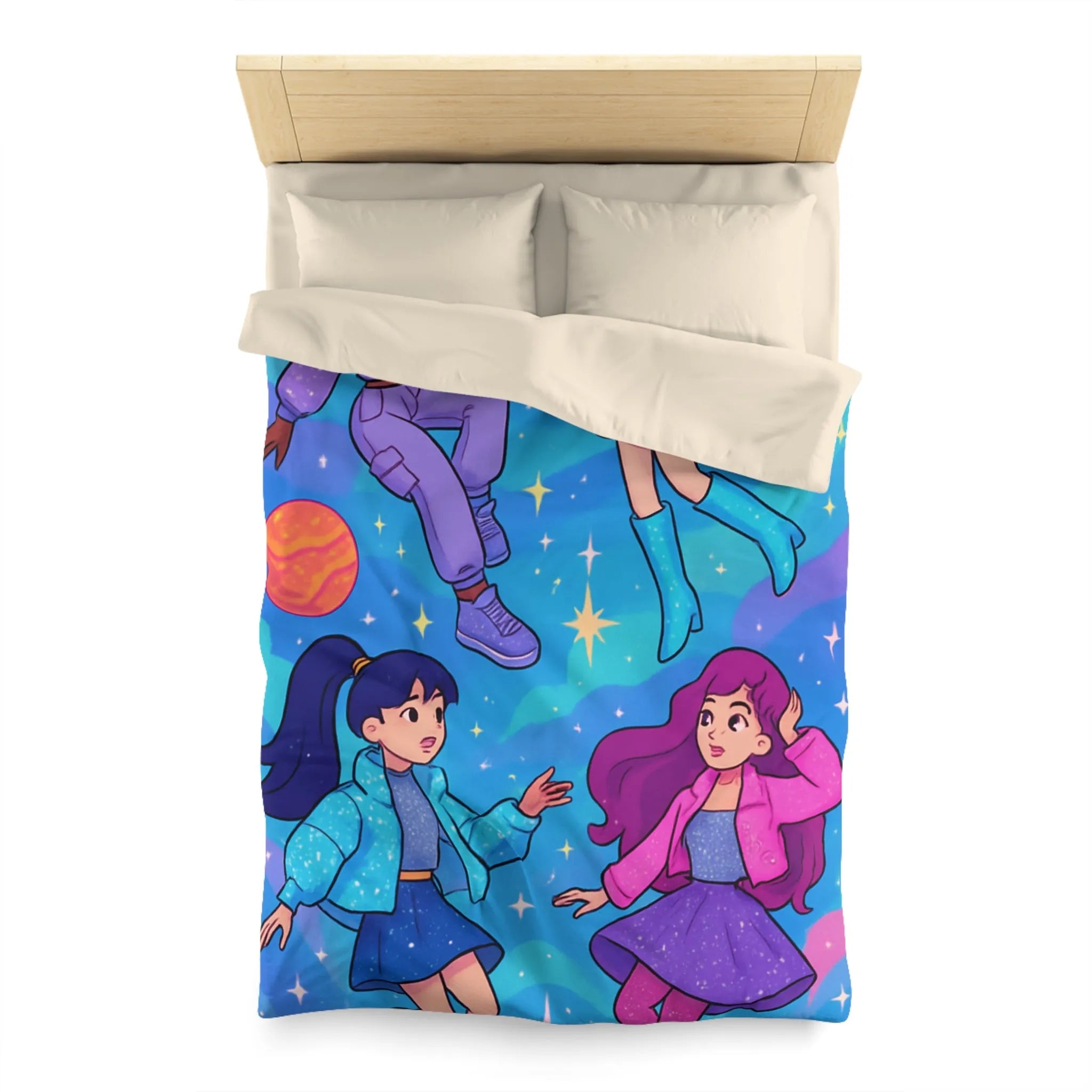 Housse de couette colorée avec filles dans l'espace et étoiles scintillantes joyeuses