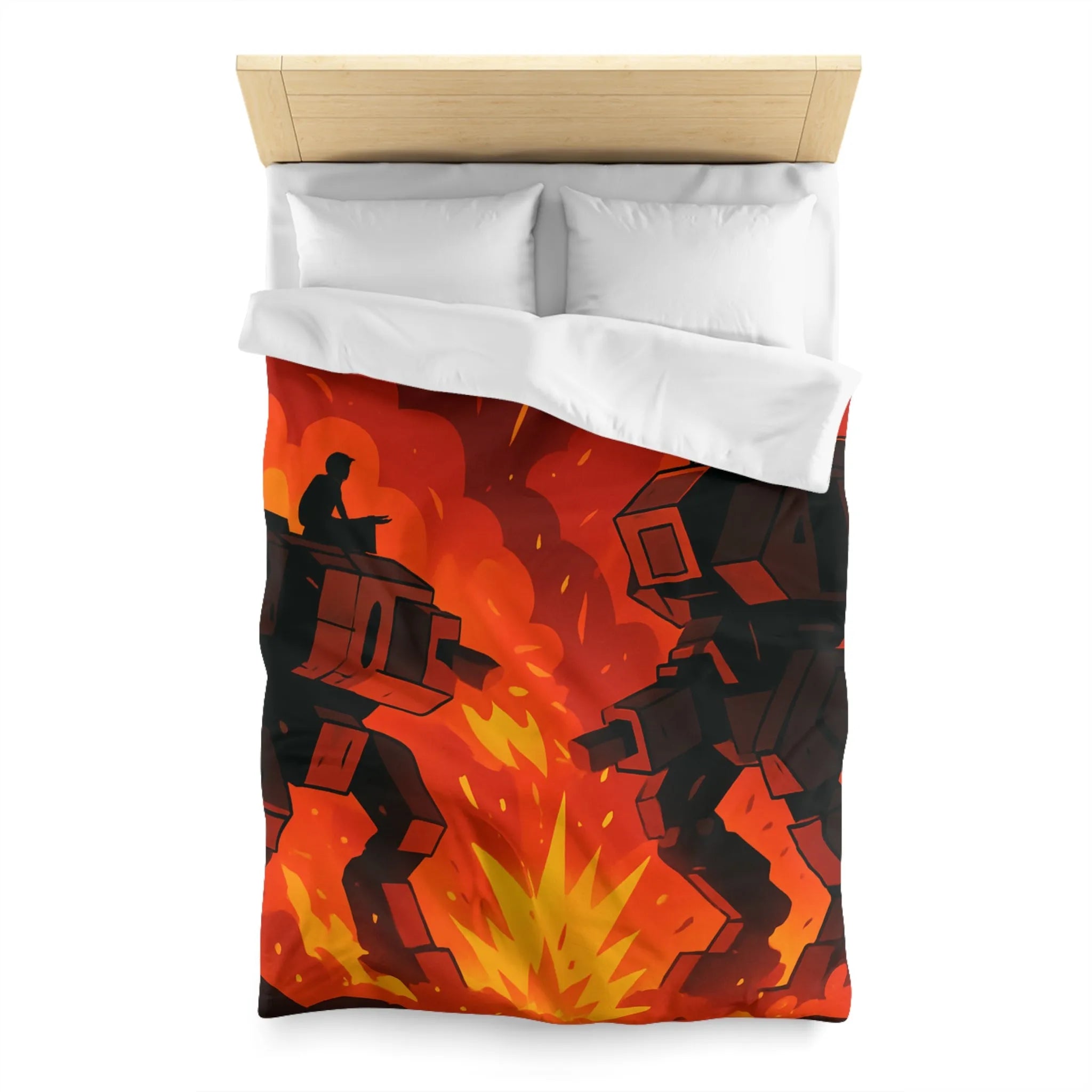Housse de couette avec robots géants dans un duel épique sous ciel enflammé