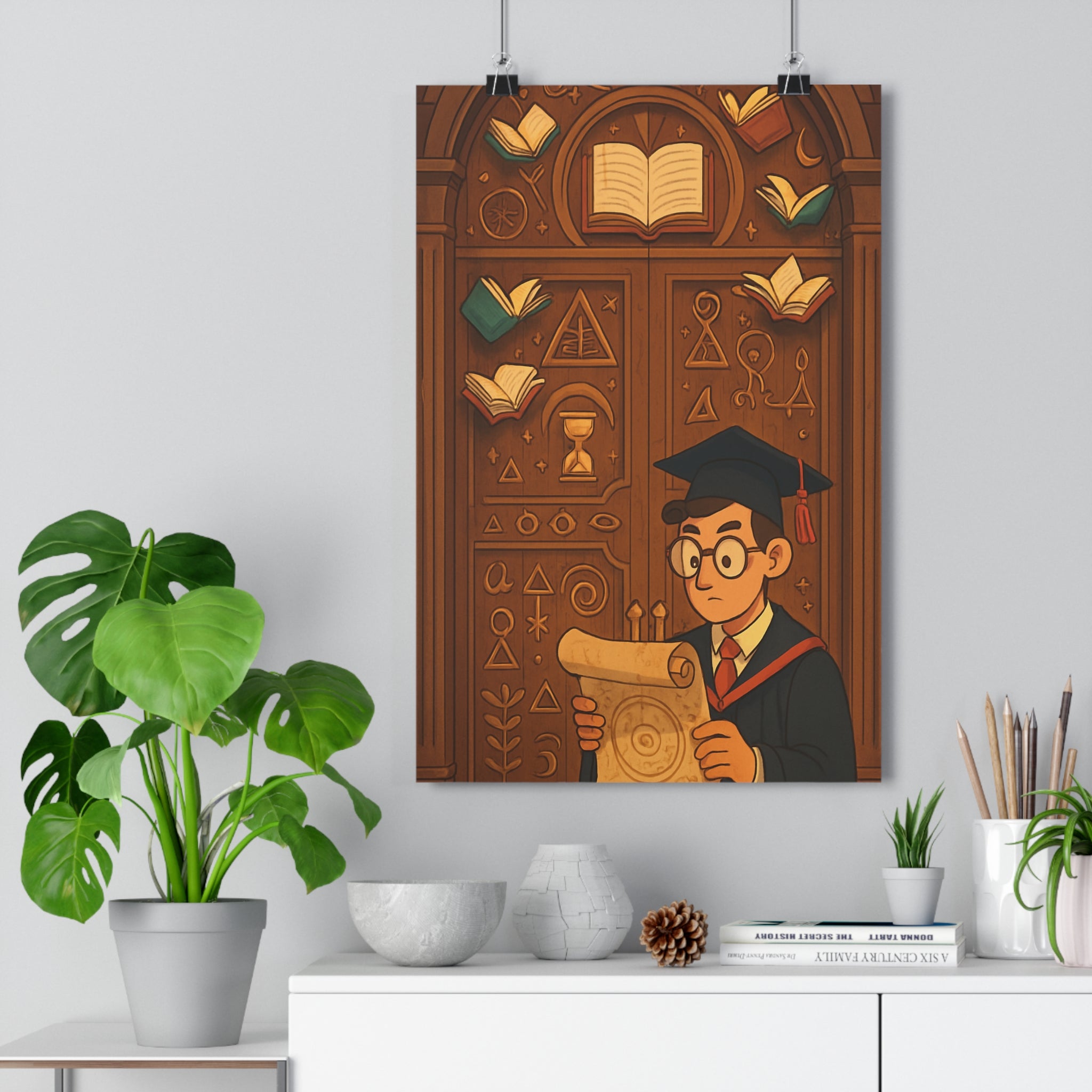 Poster décoratif mystique académique marron or bureau classique symboles ésotériques savoir créativité intérieur inspirant
