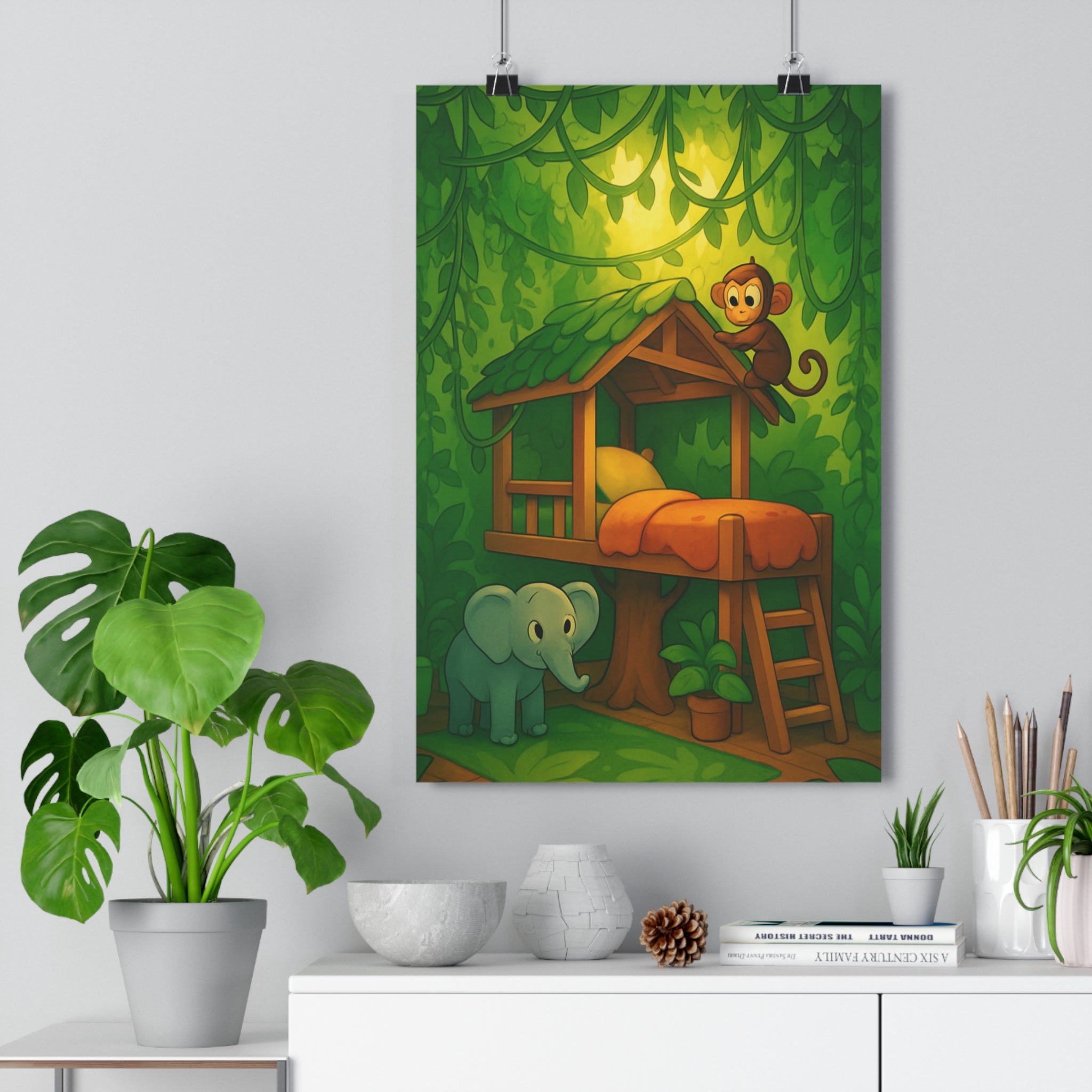 Poster décoratif jungle enfant aventure cartoon vert orange chambre ludique dessin animé nature exotique