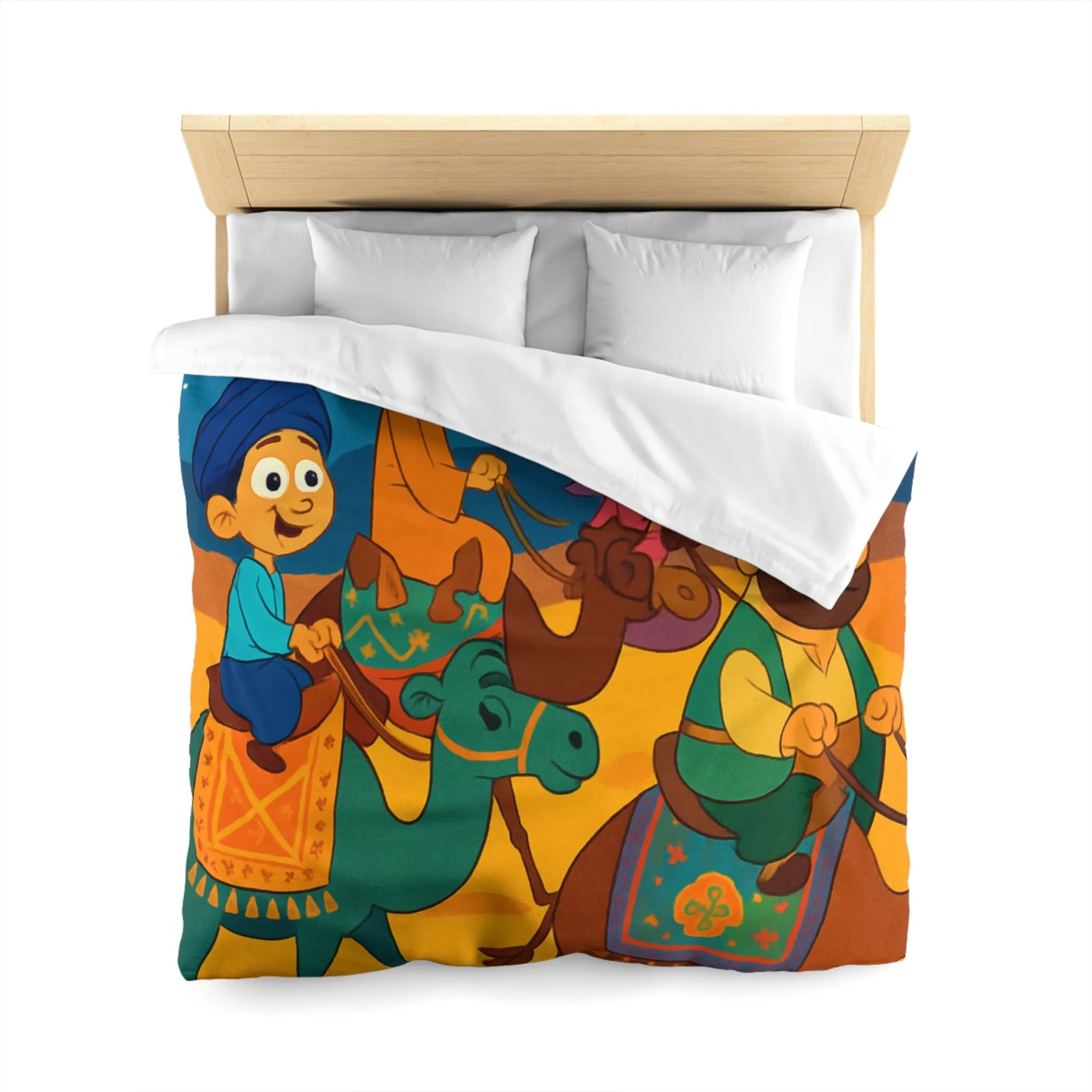 Housse de couette illustrée des enfants et chameaux sous un ciel étoilé magique