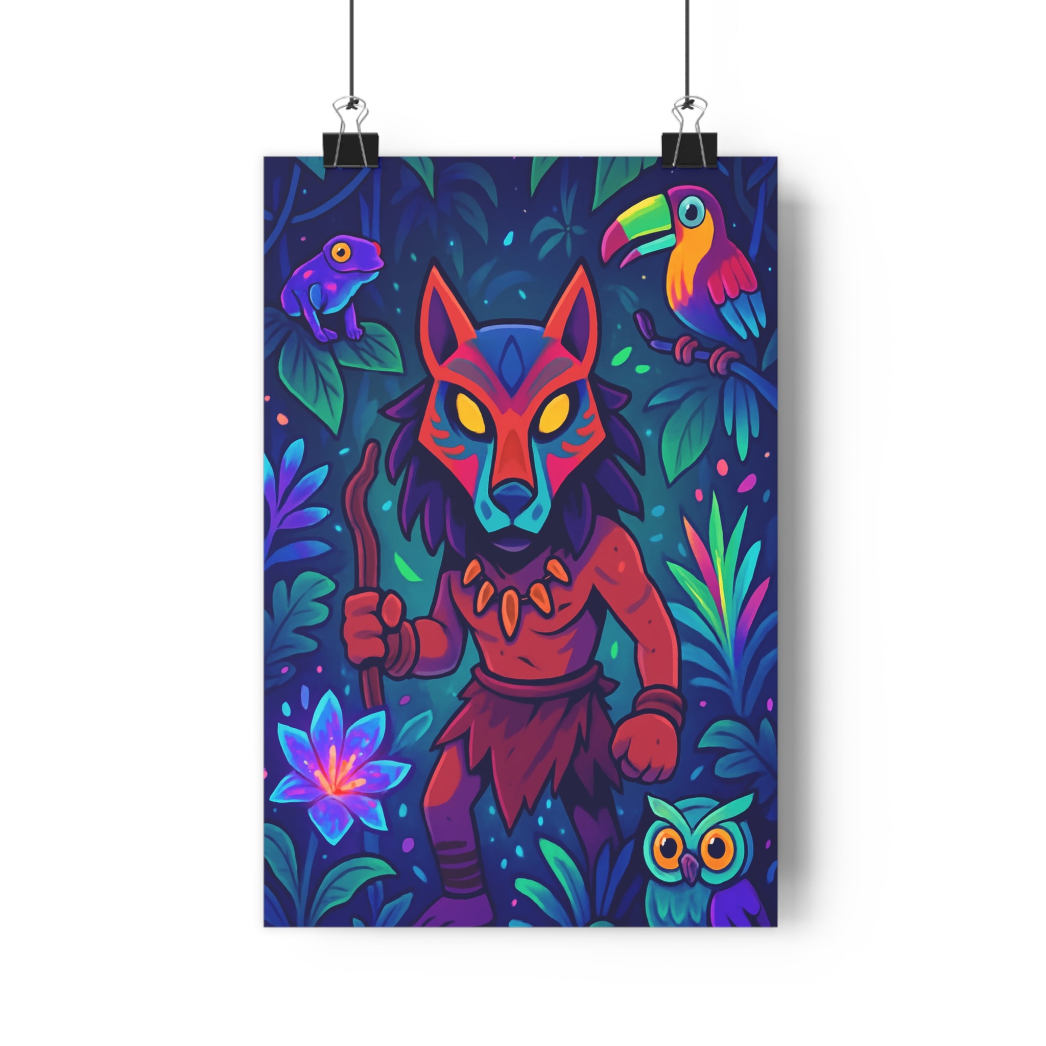 Poster décoratif jungle vibrant cartoon bleu vert salon aventure tribale mystique enfant fluorescent moderne