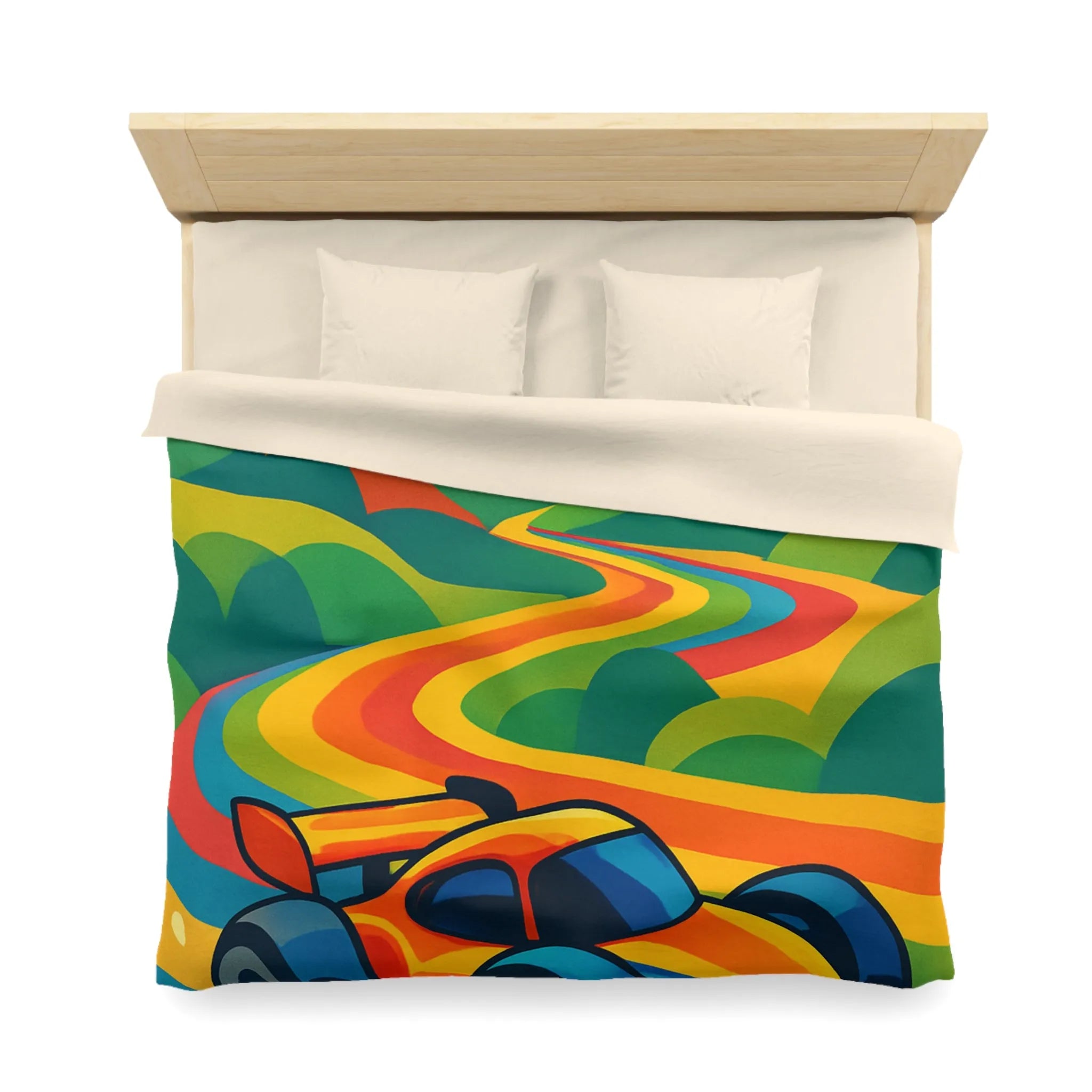 Housse de Couette Colorée avec Voiture de Course et Collines Arc-en-ciel Ensoleillées