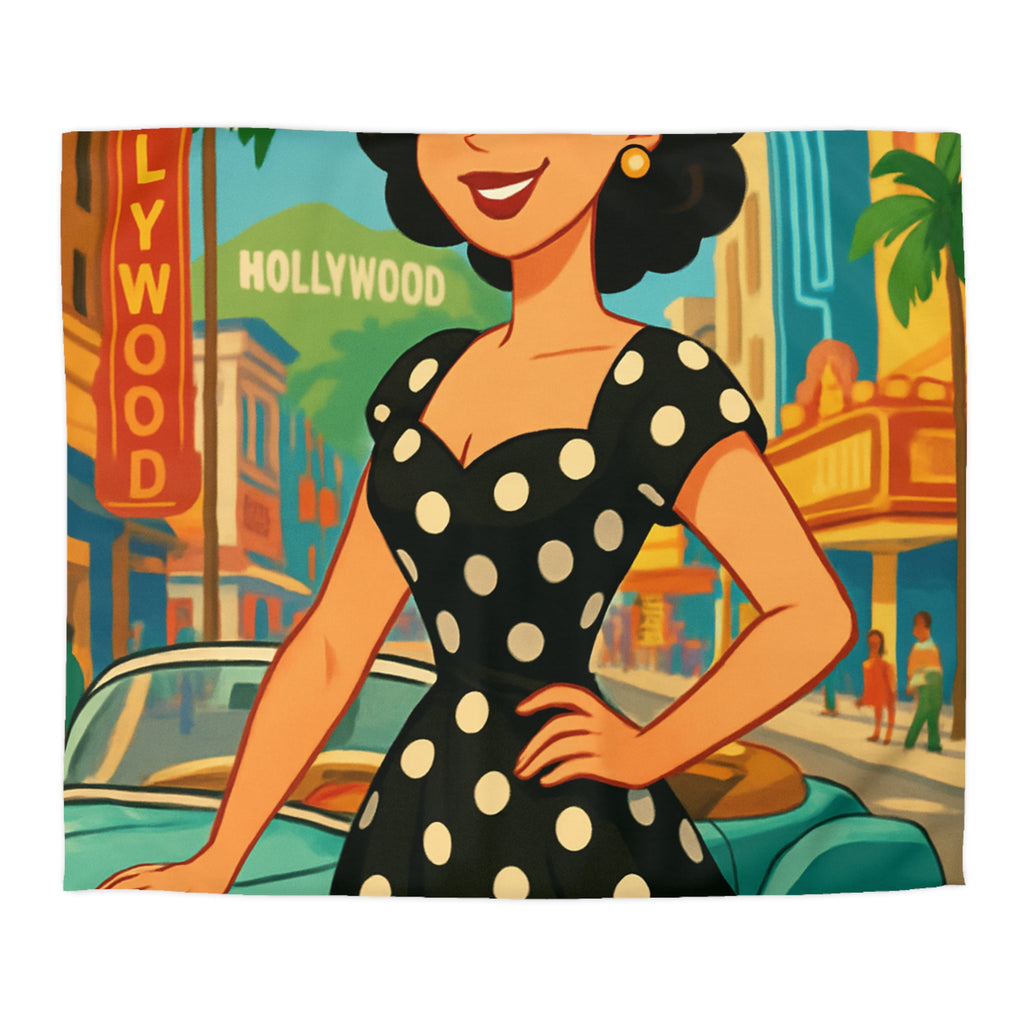 Housse de couette rétro Hollywood années 50 avec motifs de voitures vintage et palmiers