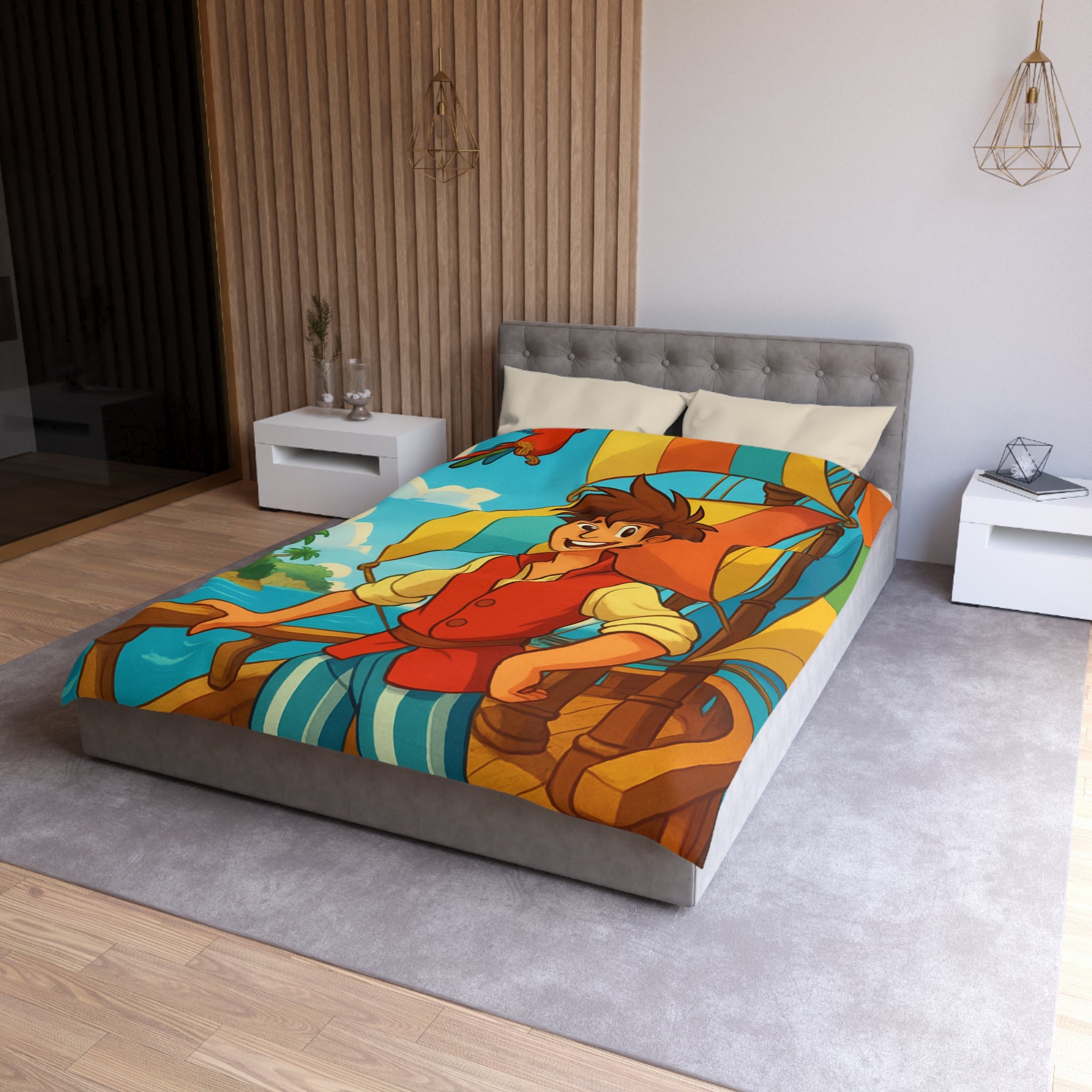 Housse de Couette Pirate Aventure Enfant avec Perroquet et Bateau Coloré Océan