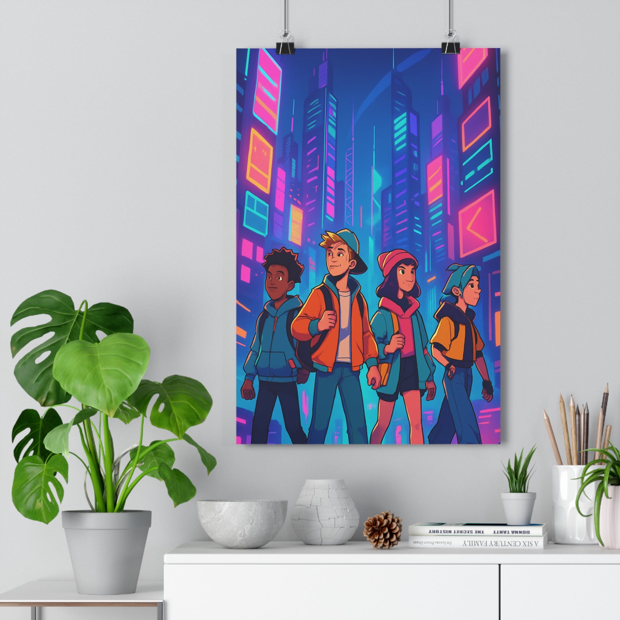 Poster décoratif futuriste cyberpunk bleu rose violet dynamique moderne bureau salon 30x46 néon explorateurs