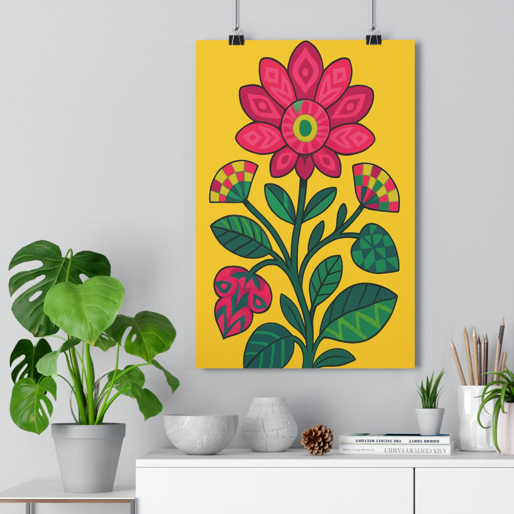 Poster décoratif botanique fleur rose vert jaune salon chambre joyeux moderne vibrant unique tendance