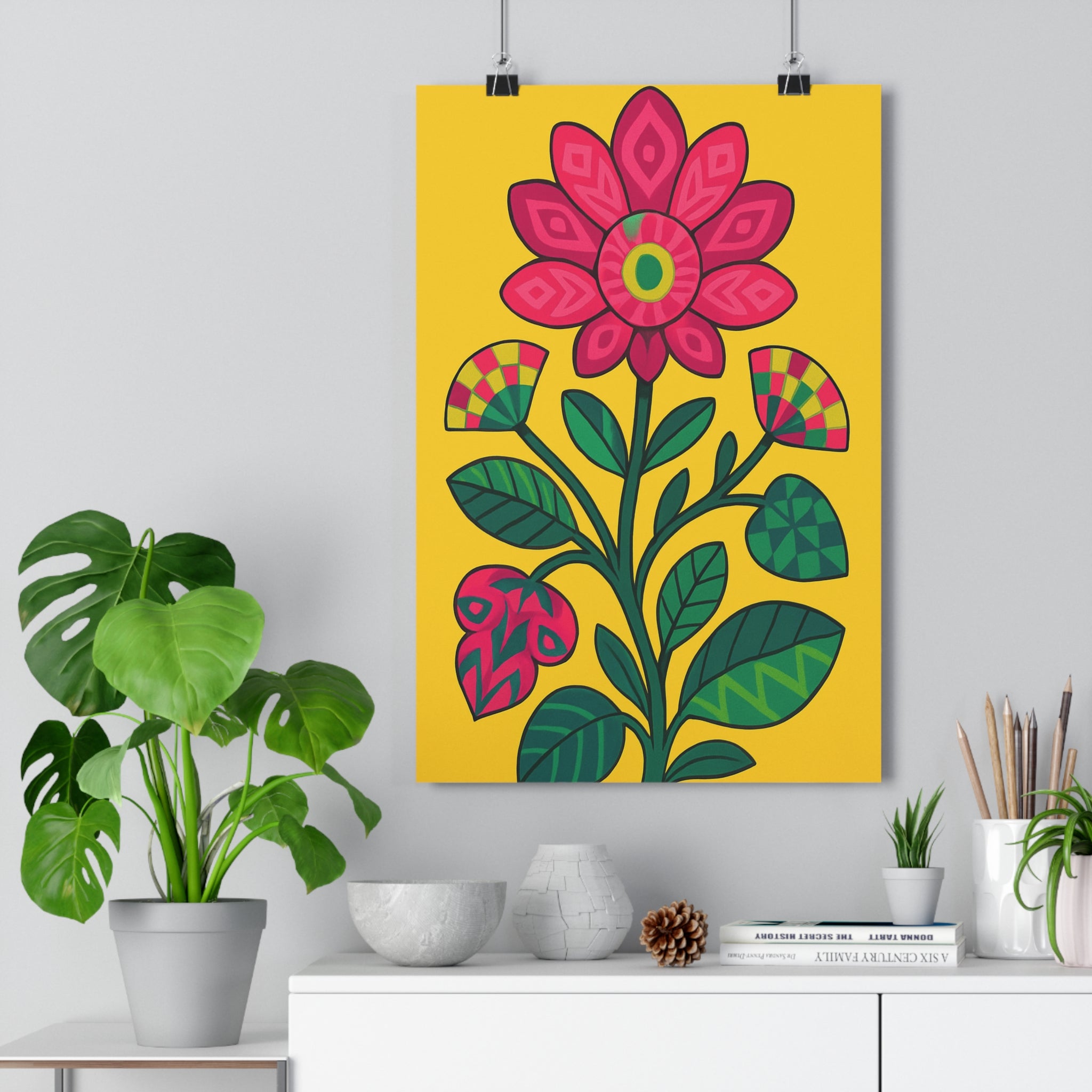 Poster décoratif botanique fleur rose vert jaune salon chambre joyeux moderne vibrant unique tendance