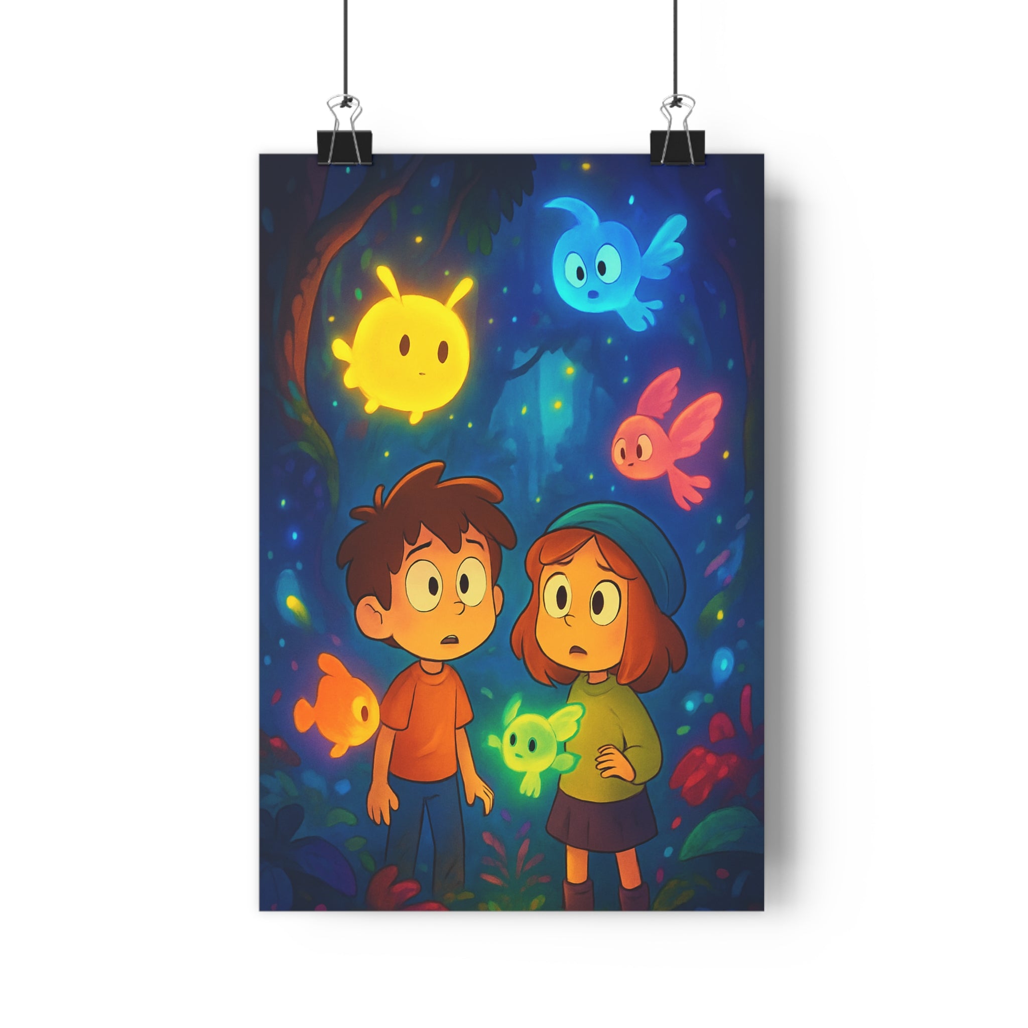 Poster décoratif créatif enfant forêt fantaisie magique bleu jaune rose cartoon chambre 30x46 lumineux