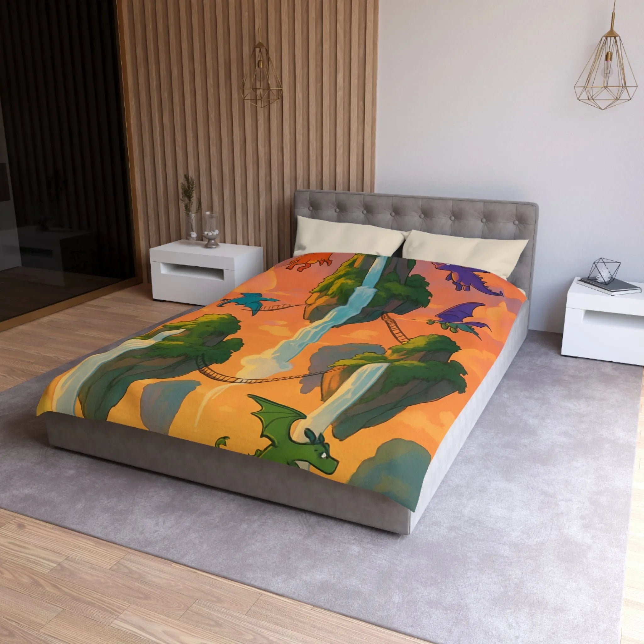 Housse de couette dragon colorée pour chambre d'enfant avec chutes et ciel magique