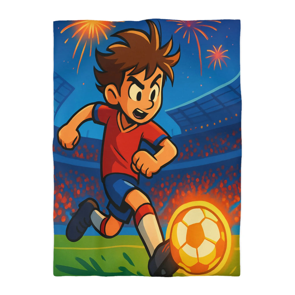 Housse de couette enfant, thème football, joueur dynamique, stade illuminé, feu d'artifice vibrant