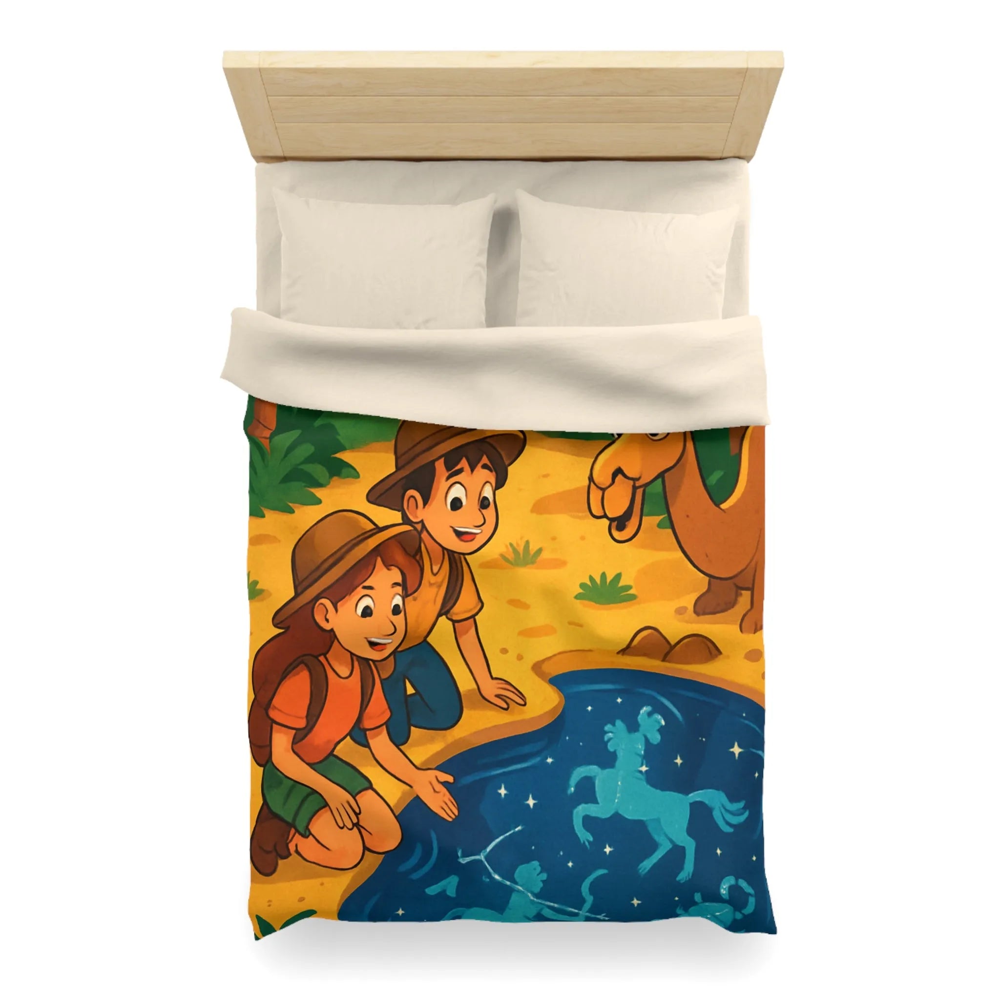 Housse de couette désert exotique enfants étoiles, animaux et aventuriers explorant oasis magique