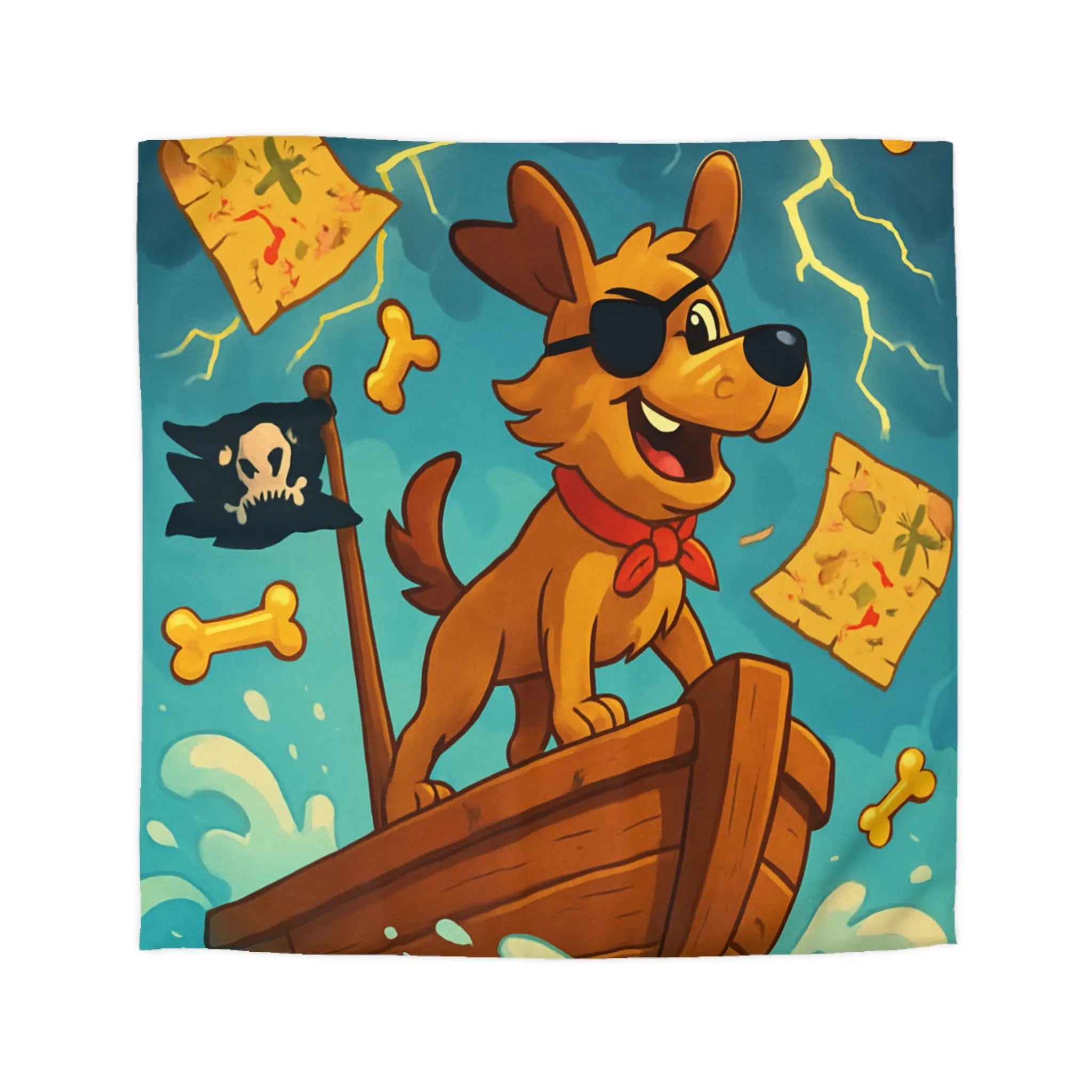 Housse de couette avec chien pirate, mer agitée, cartes et os flottants
