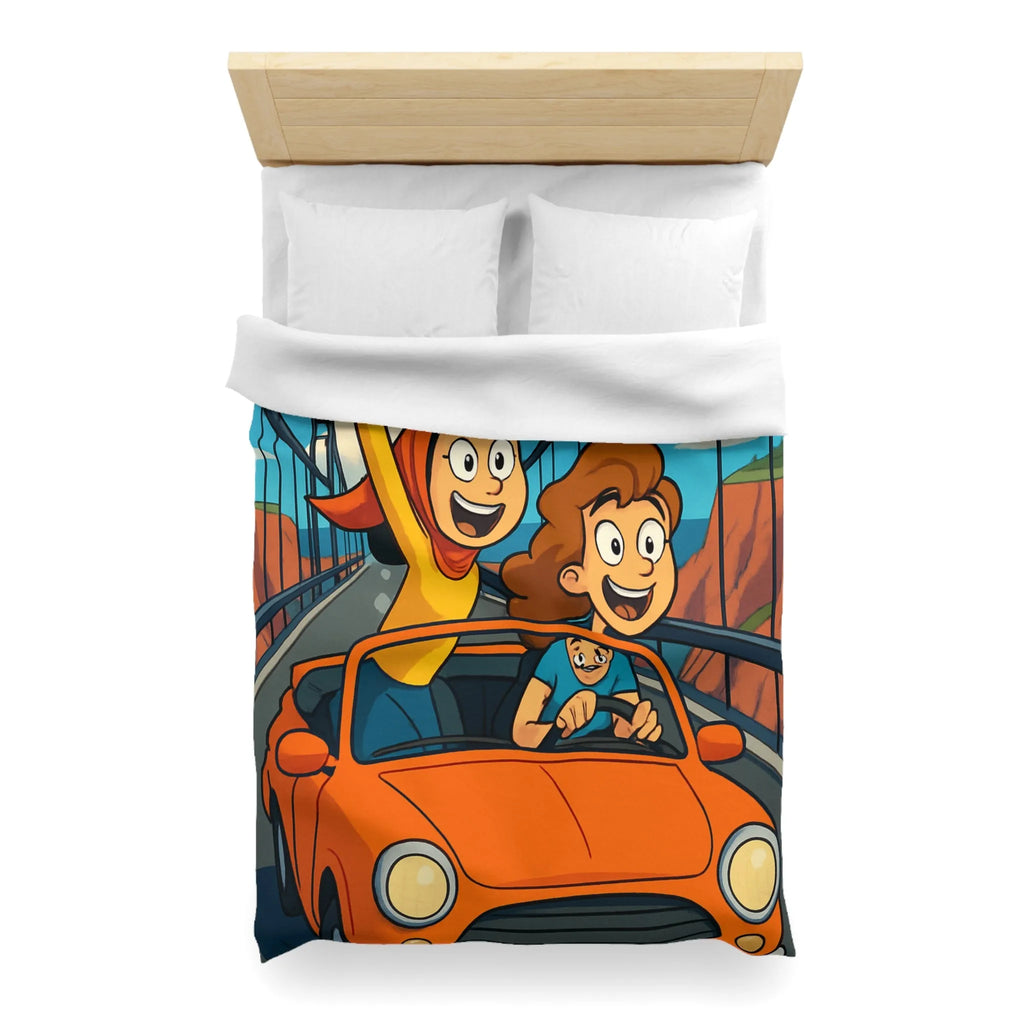 Housse de couette colorée avec illustration de famille en voiture sur pont suspendu