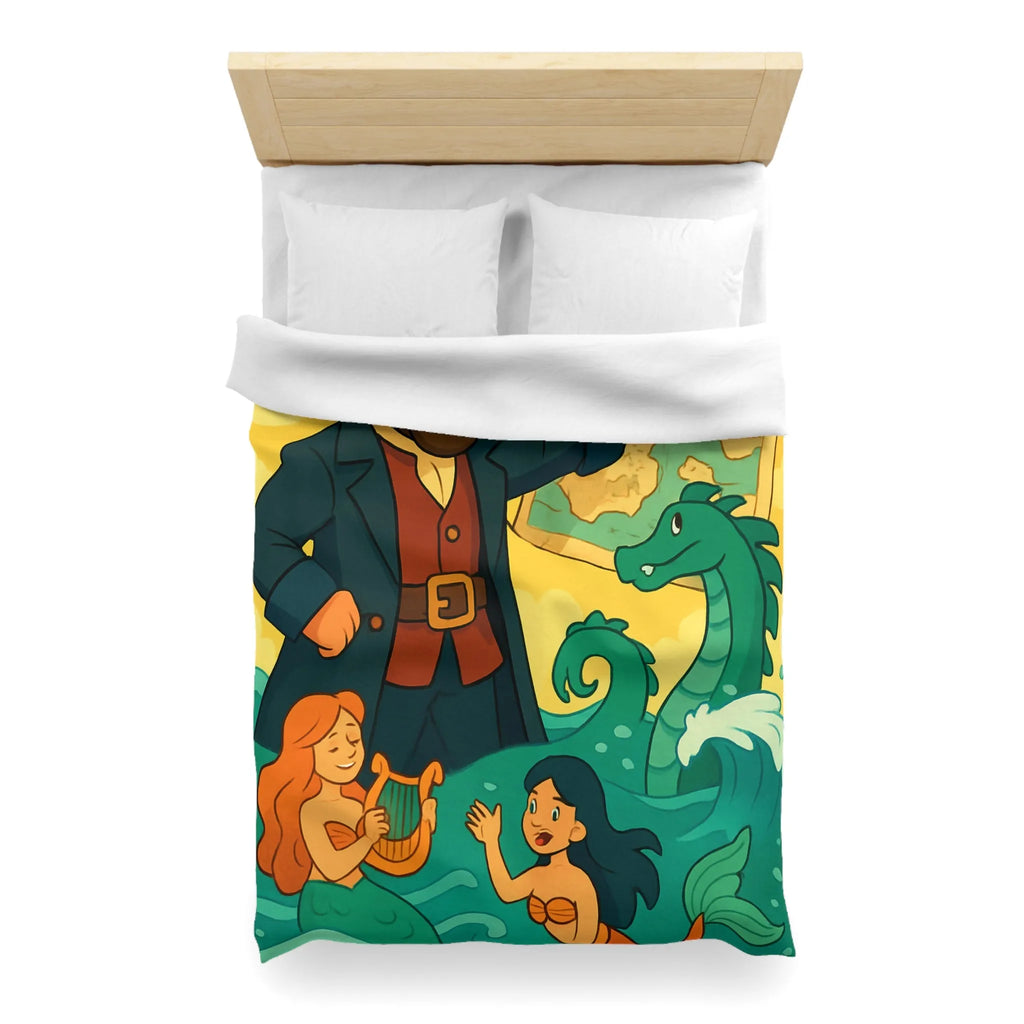 Housse de couette illustrée pirate avec carte, sirènes et monstre marin ludique