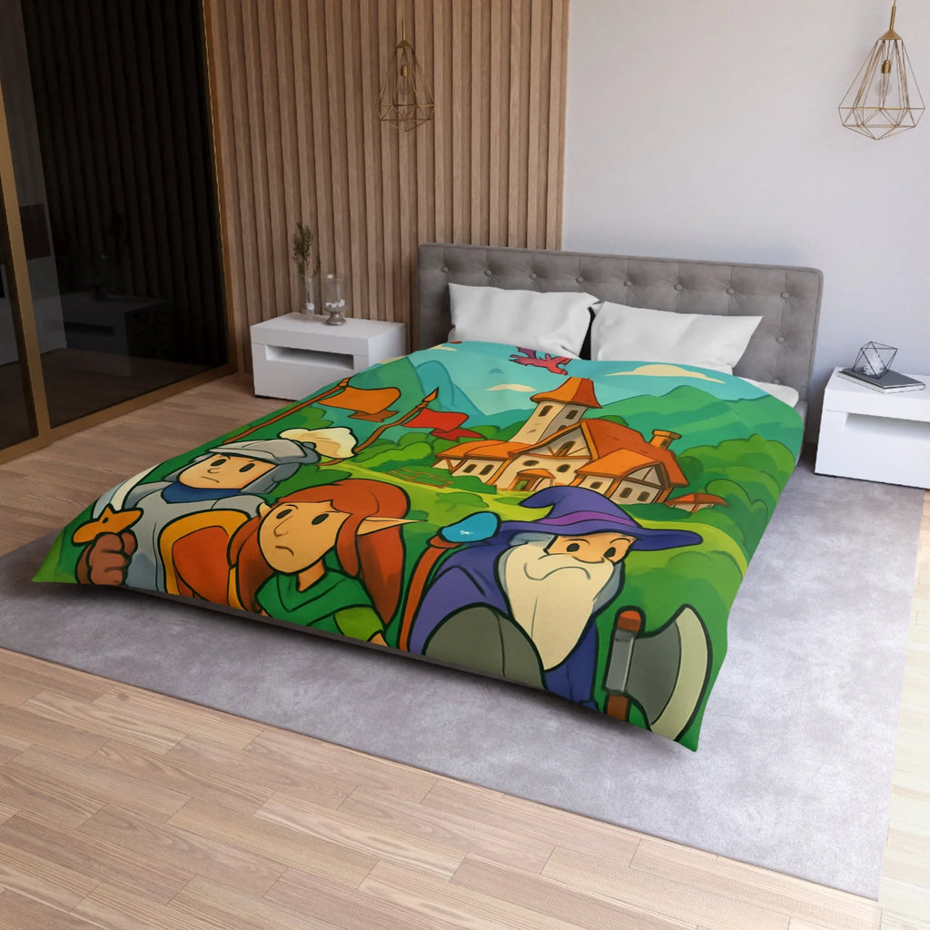 Housse de couette aventure médiévale avec dragons, chevalier, elfe, sorcier et troll