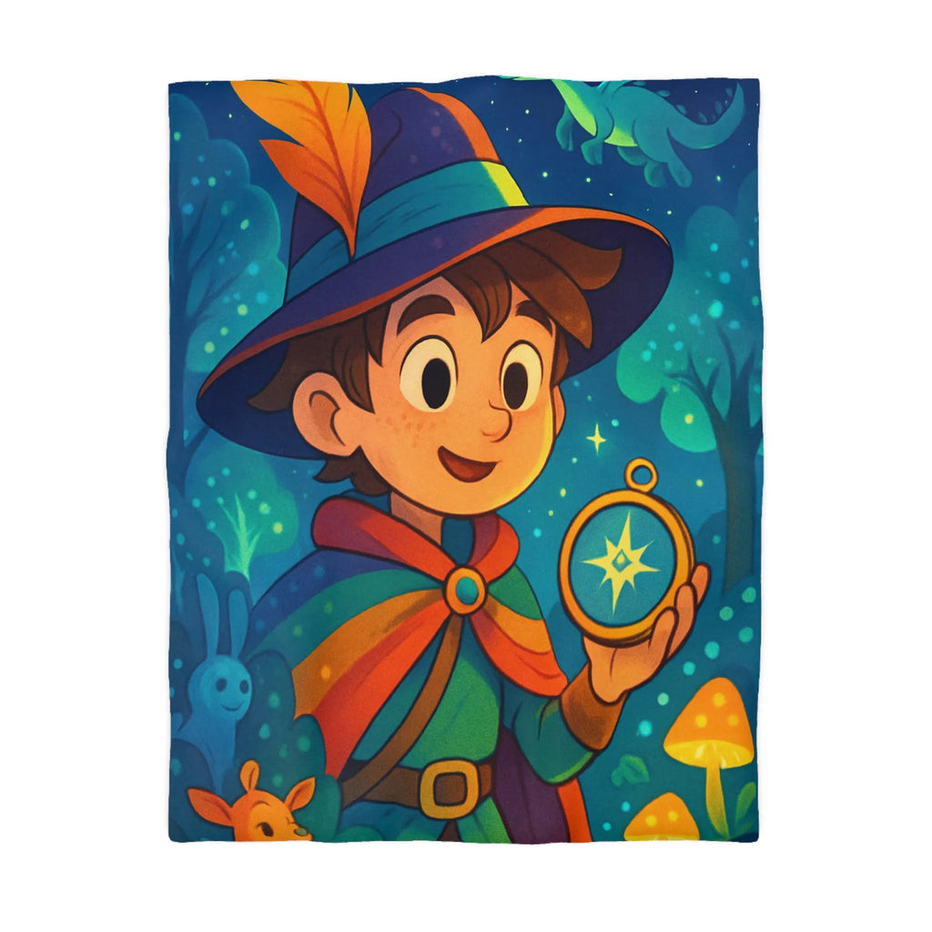 Housse de Couette Enfant Fantasy avec Sorcier et Dragon dans Forêt Enchantée Étoilée