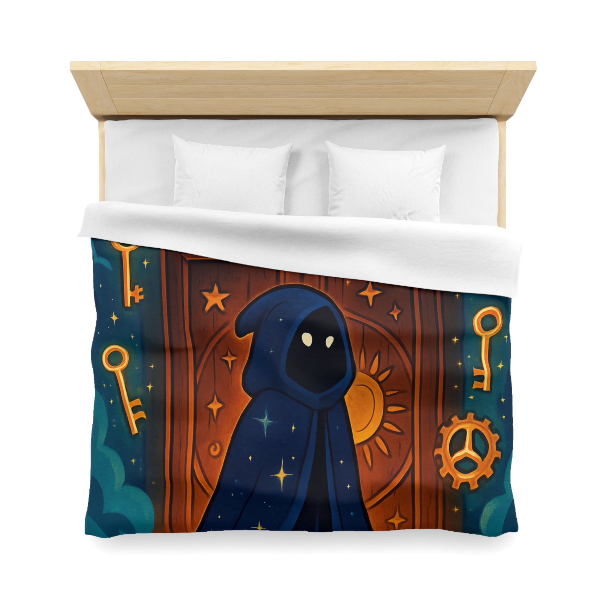 Housse de couette mystique avec capuche étoilée, porte magique et clés dorées