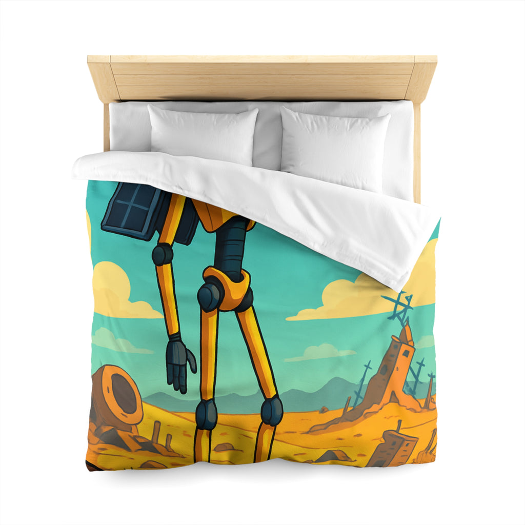 Housse de couette robot jaune explorateur dans désert post-apocalyptique avec oiseau