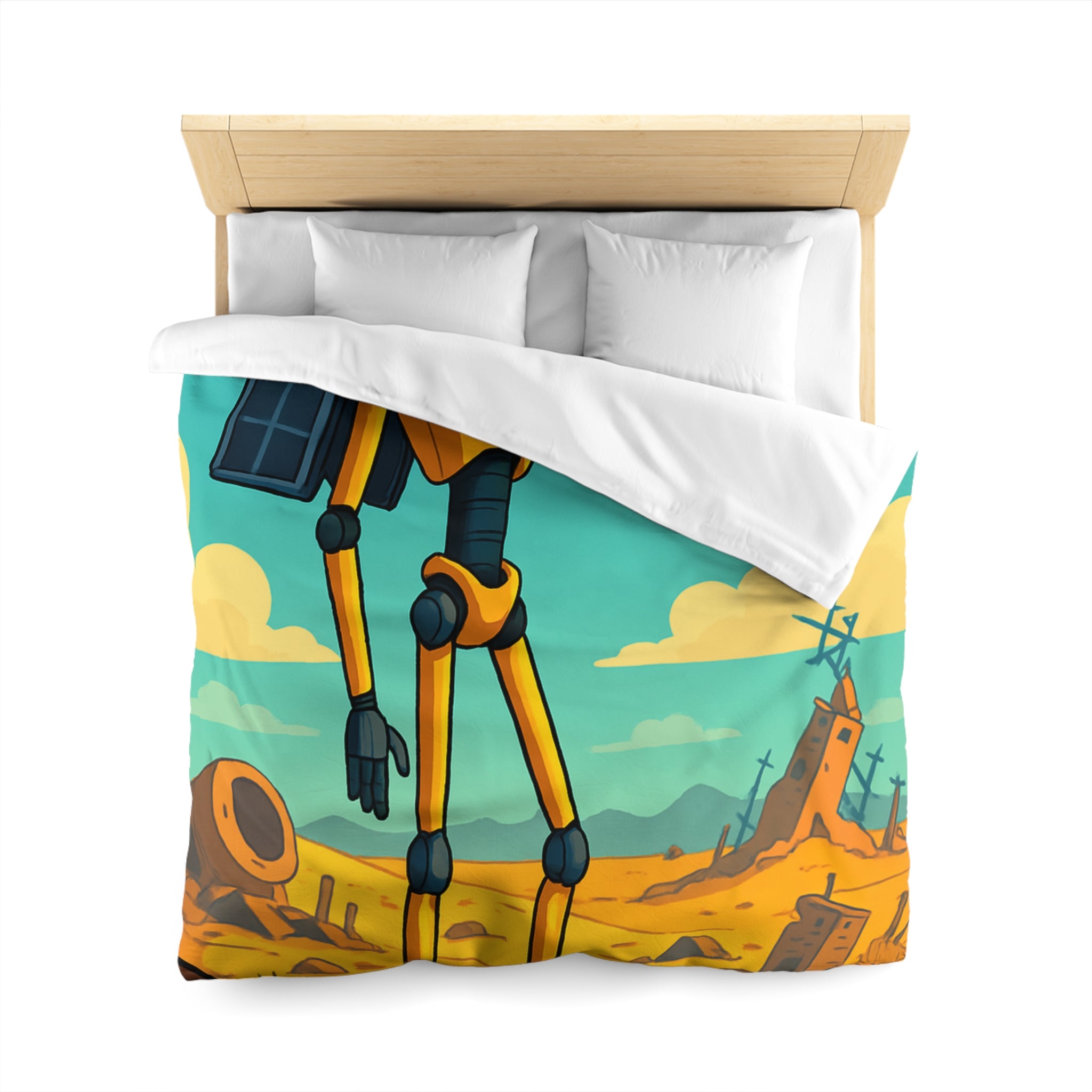 Housse de couette robot jaune explorateur dans désert post-apocalyptique avec oiseau