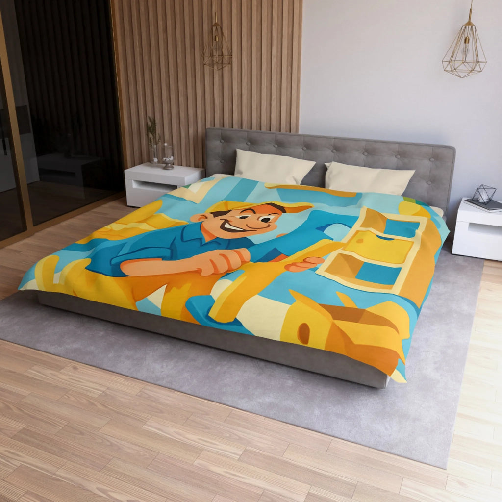 Housse de couette colorée avec personnage joyeux assemblant des jouets dans une pièce ensoleillée