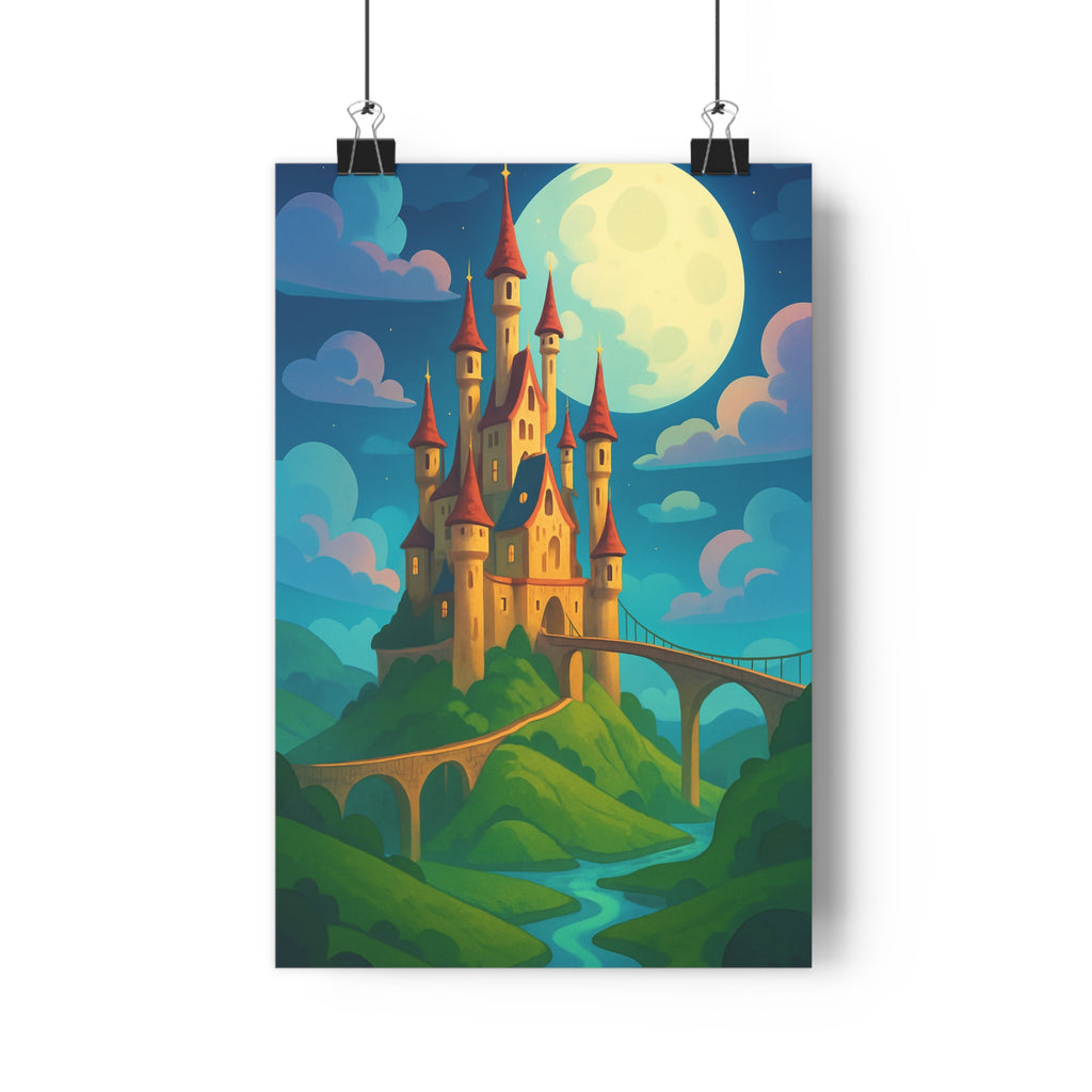 Poster décoratif château féerique bleu vert mystique enfant magie illustration artistique unique qualité enchanté