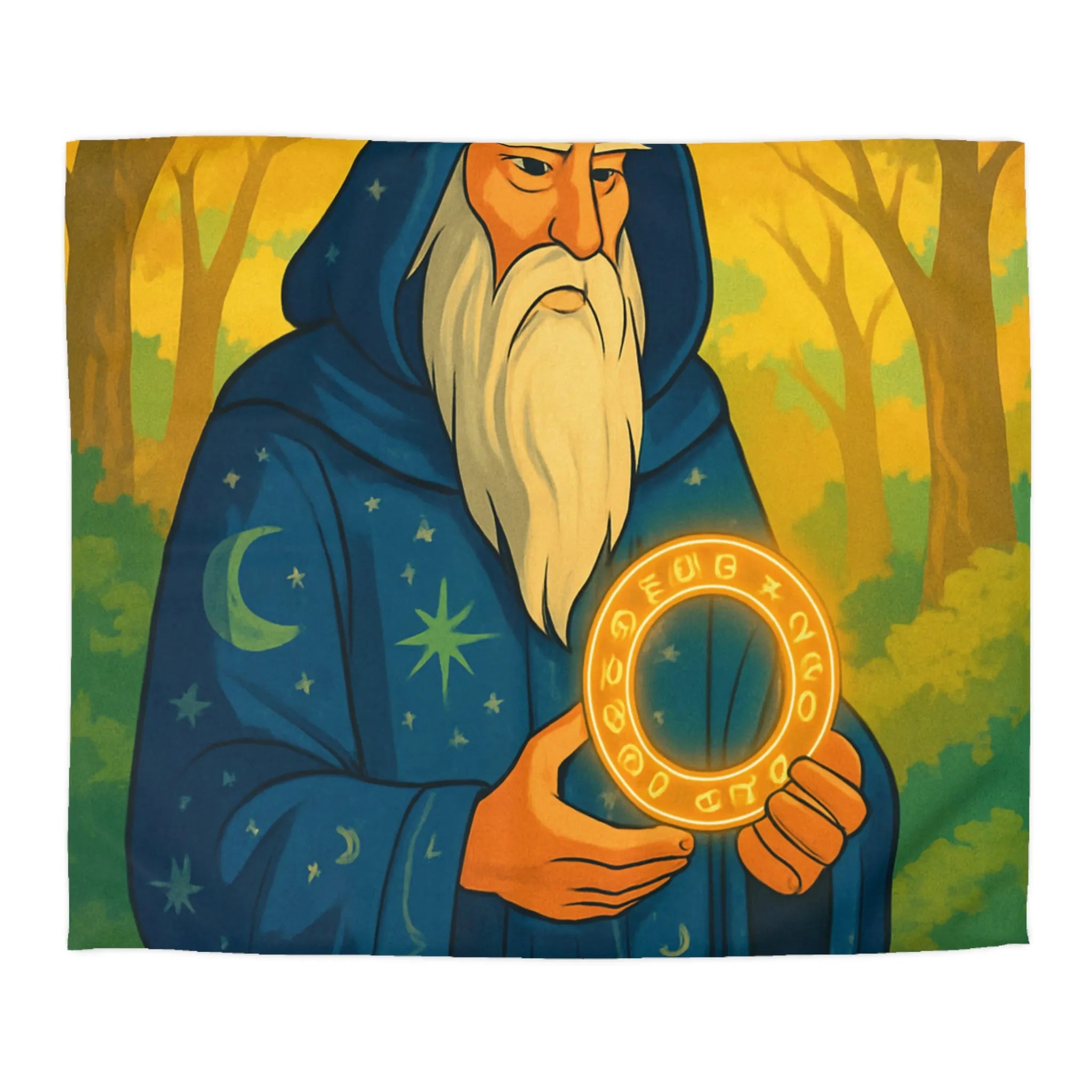 Housse de couette enchantée avec mage en forêt et cercle lumineux mystérieux